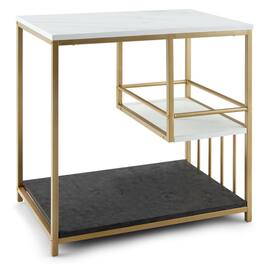 Pefilos - 3-Tier Multi-function Marble End Table with Storage Shelf-Golden, Nightstand Small Side Table, End Table for Bedroom - White