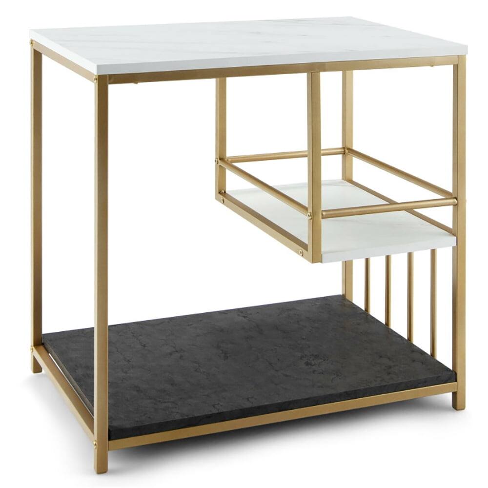 Front. Pefilos - 3-Tier Multi-function Marble End Table with Storage Shelf-Golden, Nightstand Small Side Table, End Table for Bedroom - White.