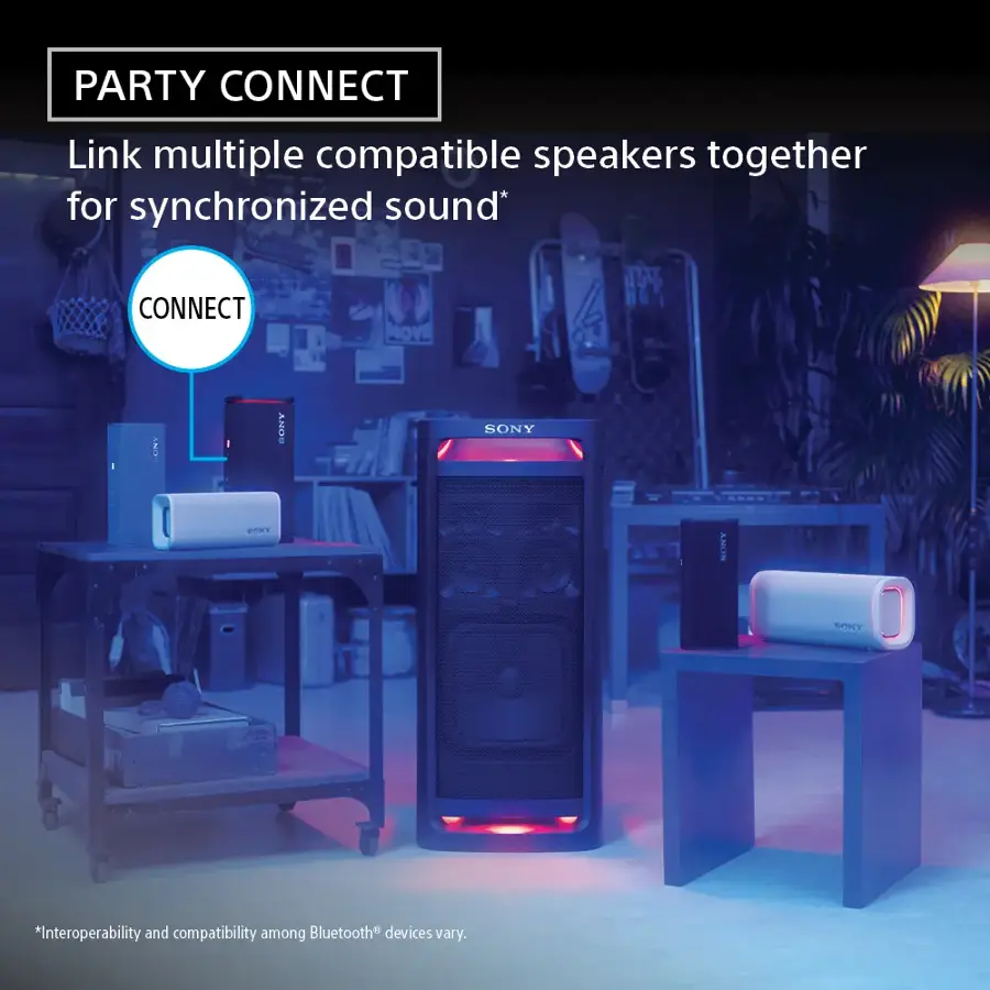 The text on the image reads: "Party Connect Link multiple compatible speakers together for synchronized sound." This suggests that the image is promoting a product or service that allows users to connect multiple speakers together for a synchronized audio experience. The text also mentions the brands Sony and Bose, indicating that these brands are compatible with the product or service being promoted.