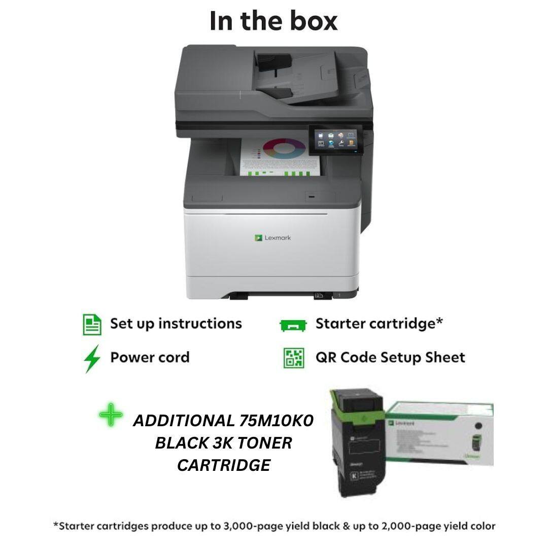 In the box

Lexmark

Set up instructions

Starter cartridge*

Power cord

QR Code Setup Sheet

+ ADDITIONAL 75M10KO BLACK 3K TONER CARTRIDGE

*Starter cartridges produce up to 3,000-page yield black & up to 2,000-page yield color