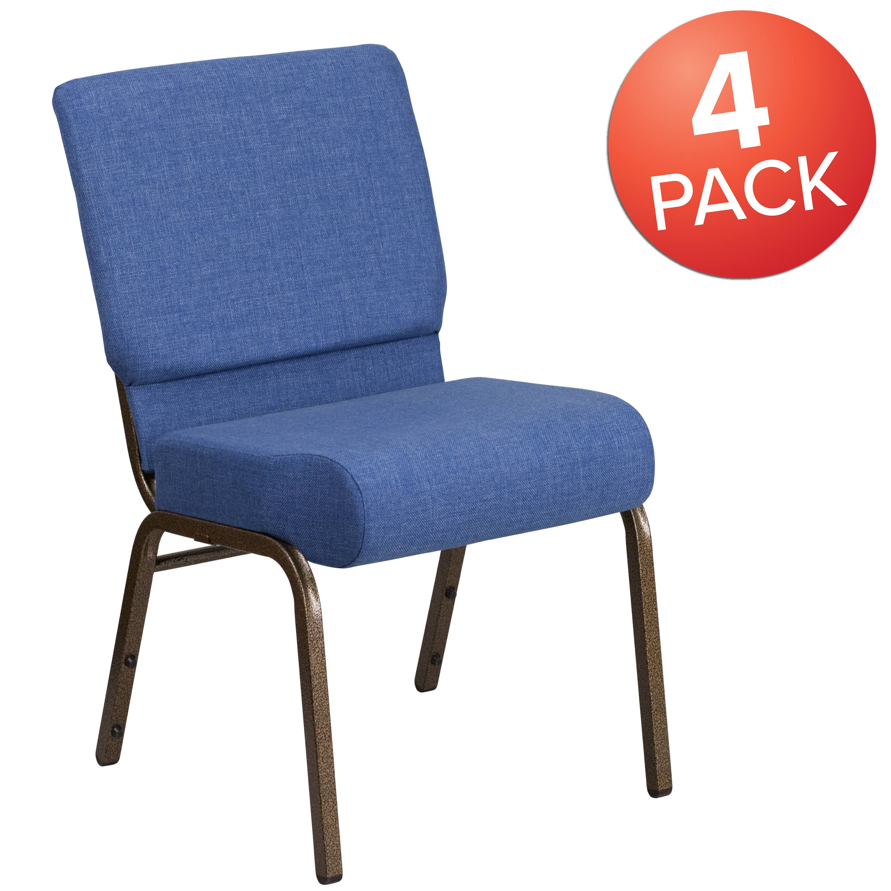 Alt View 1. Emma + Oliver - 4 Pack 21''W Stacking Church Chair - Blue Fabric/Gold Vein Frame.