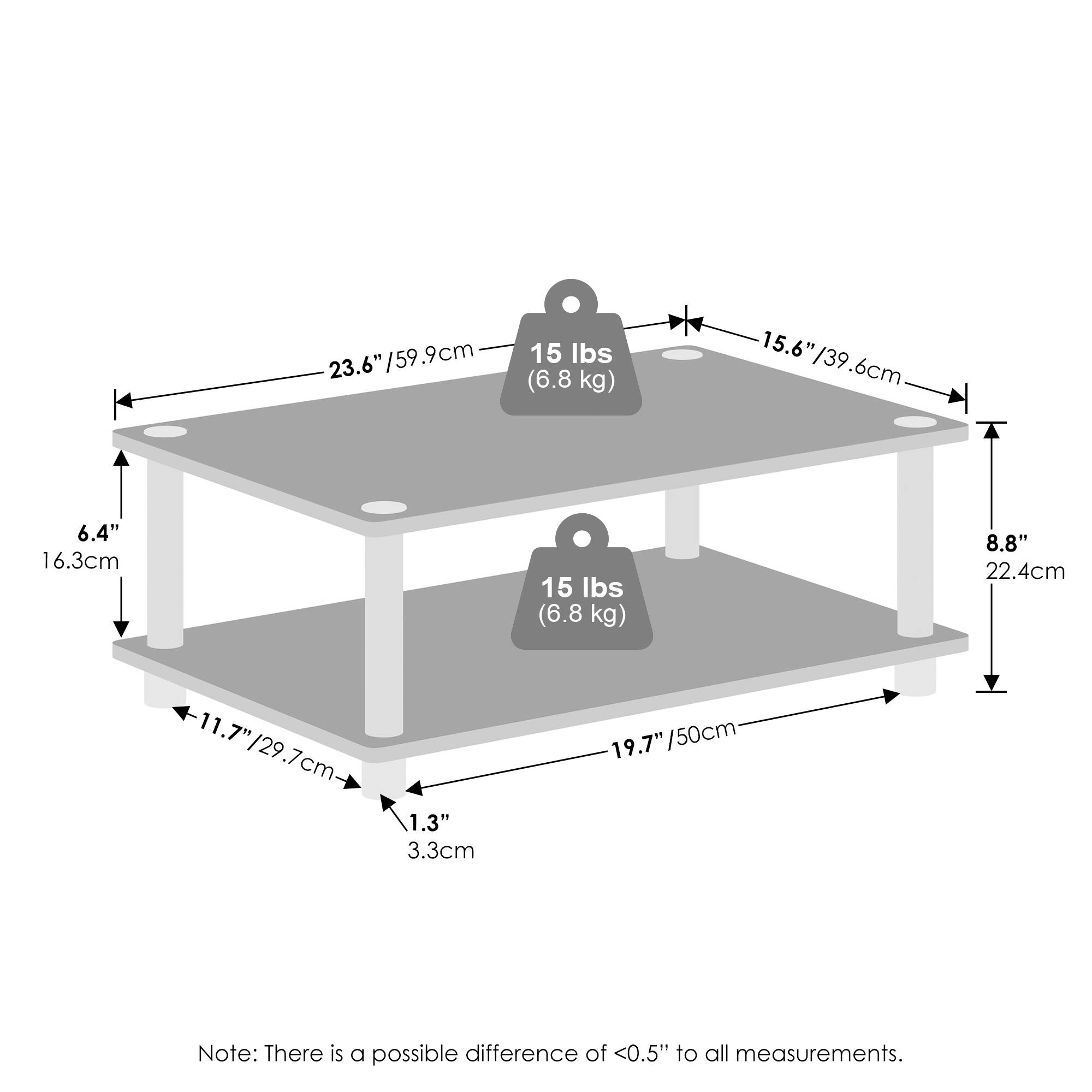 - 23.6" / 59.9 cm
- 15 lbs (6.8 kg)
- 15.6" / 39.6 cm
- 6.4" / 16.3 cm
- 8.8" / 22.4 cm
- 11.7" / 29.7 cm
- 1.3" / 3.3 cm
- 19.7" / 50 cm

Note: There is a possible difference of <0.5" to all measurements.