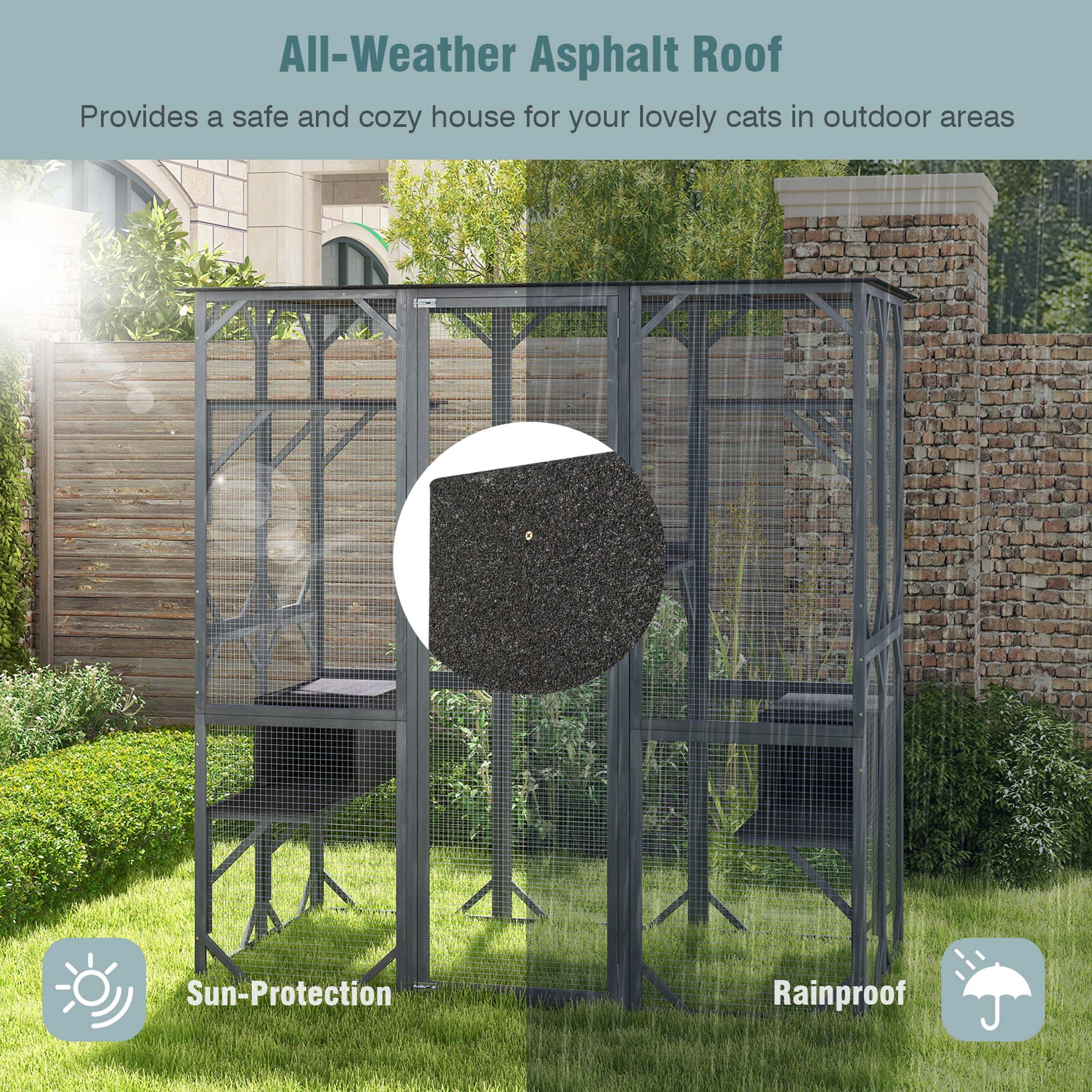 All-Weather Asphalt Roof  
Provides a safe and cozy house for your lovely cats in outdoor areas  

Sun-Protection  
Rainproof
