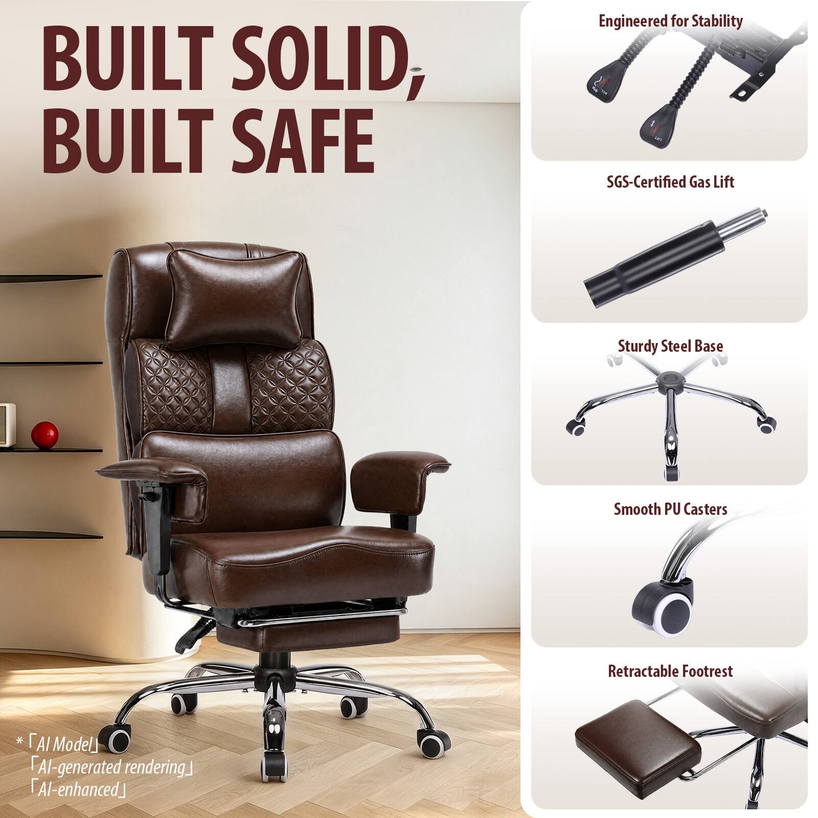 BUILT SOLID, BUILT SAFE

Engineered for Stability  
SGS-Certified Gas Lift  
Sturdy Steel Base  
Smooth PU Casters  
Retractable Footrest  

* AI Model  
AI-generated rendering  
AI-enhanced