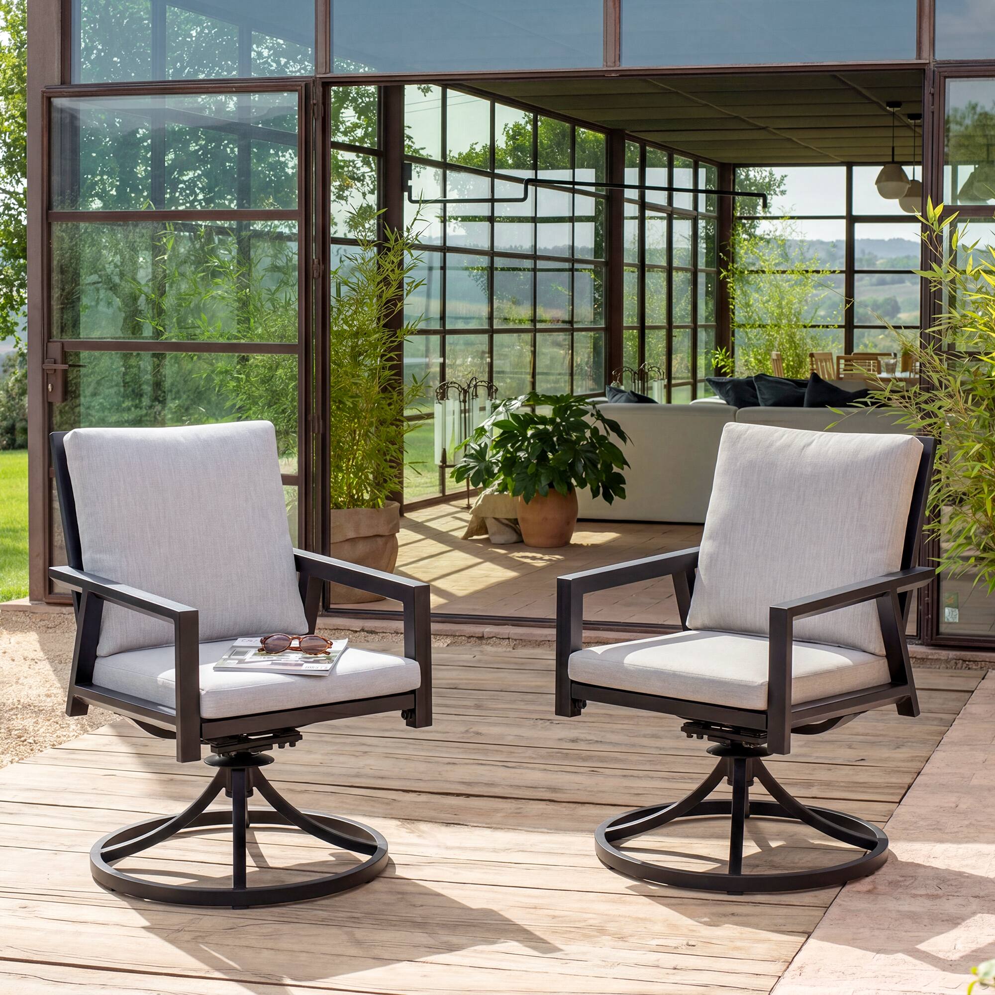Angle. Nuu Garden - Outdoor 2-Piece Aluminum Swivel Chairs with Gray Cushions - Black and Gray.