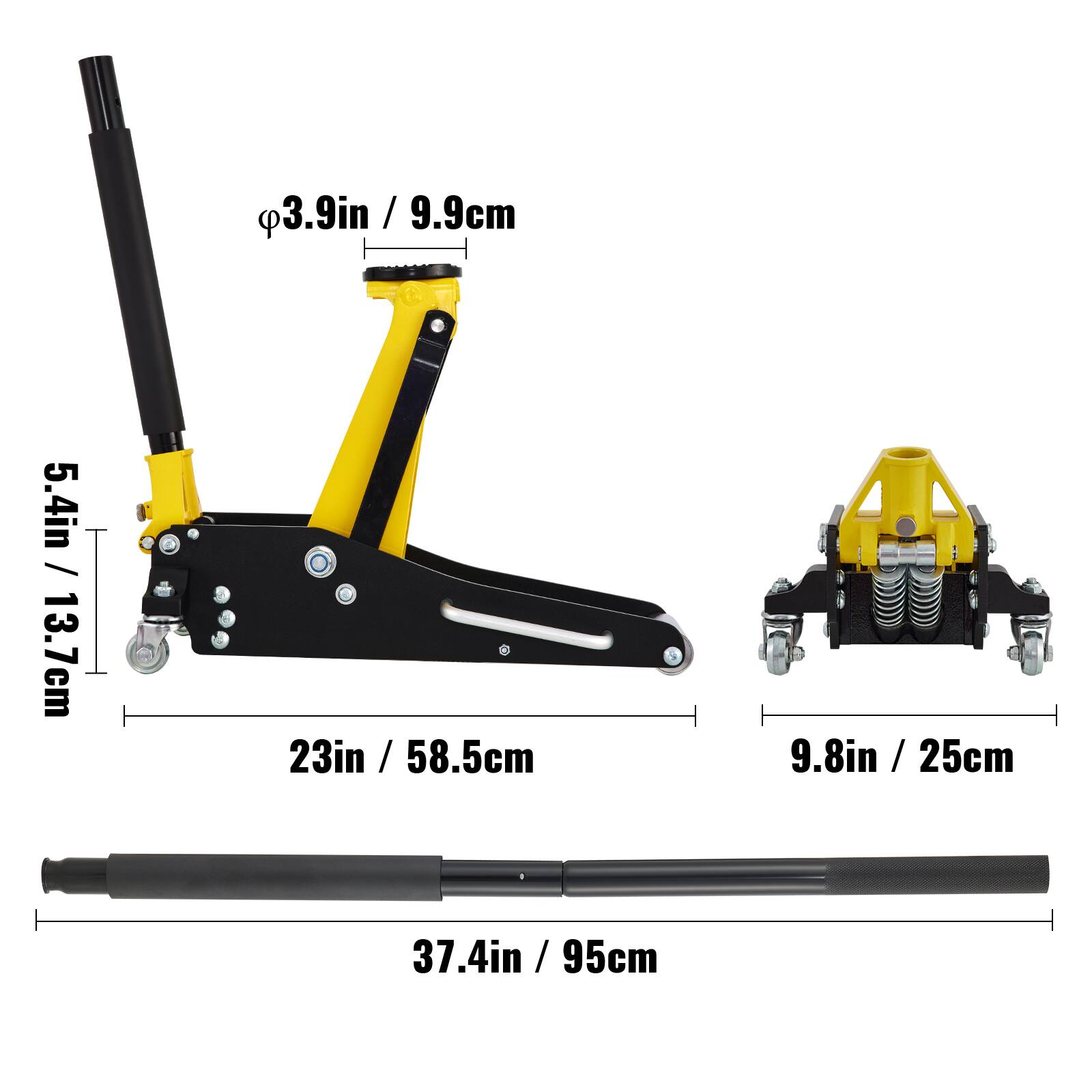 3.9in / 9.9cm  
5.4in / 13.7cm  
23in / 58.5cm  
9.8in / 25cm  
37.4in / 95cm