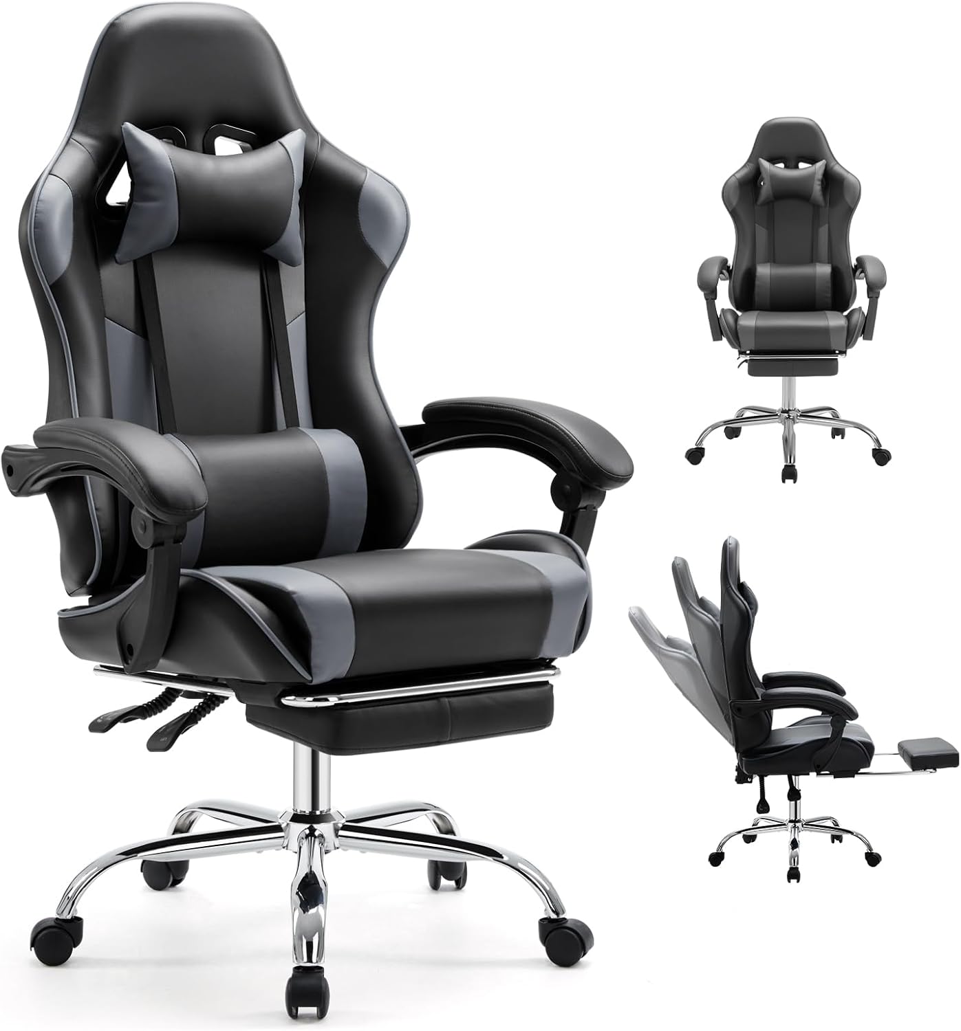 Angle. Sweet - Ergonomic Gaming Chair with Footrest and Headrest, PU Leather Height Adjustable Office Desk Chairs for Adults - Black Grey.