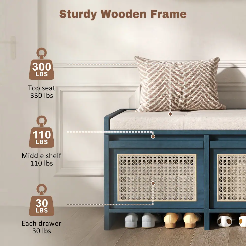 Sturdy Wooden Frame

- 300 LBS
- Top seat 330 lbs
- 110 LBS
- Middle shelf 110 lbs
- 30 LBS
- Each drawer 30 lbs