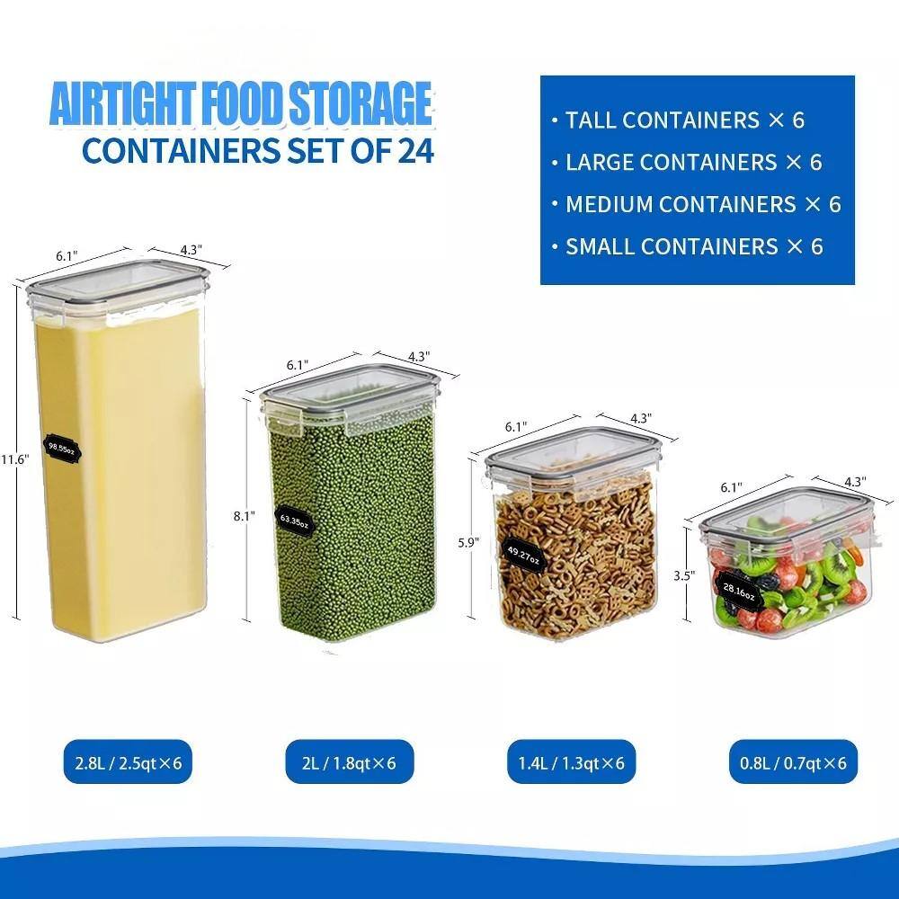 AIRTIGHT FOOD STORAGE CONTAINERS SET OF 24

- TALL CONTAINERS x 6
- LARGE CONTAINERS x 6
- MEDIUM CONTAINERS x 6
- SMALL CONTAINERS x 6

- 2.8L / 2.5qt x 6
- 2L / 1.8qt x 6
- 1.4L / 1.3qt x 6
- 0.8L / 0.7qt x 6