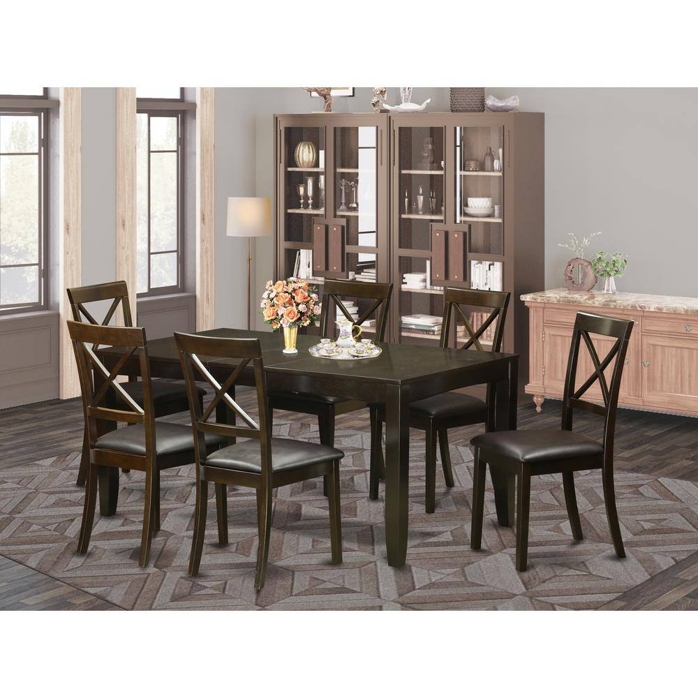 Back. East West Furniture - 7 PC Dining room set for 6-Dining Table with Leaf and 6 Dining Chairs - Cappuccino.