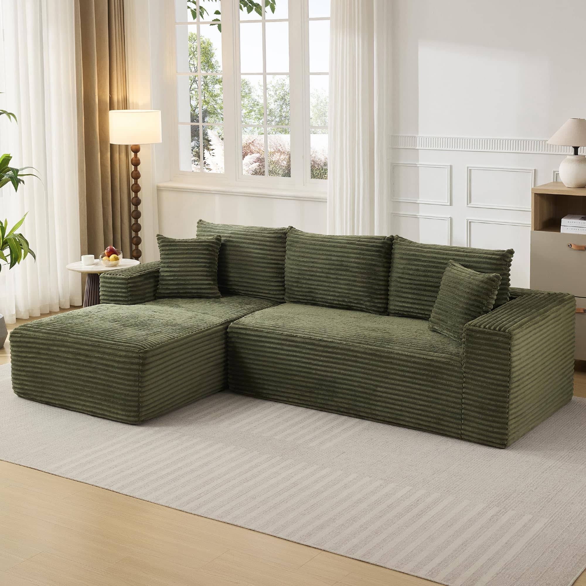 Babevy - 108" L-Shaped Modular Sectional Sofa, 2-Piece Corduroy Cloud Couch with Deep Seats & Pillows, No Assembly - Green