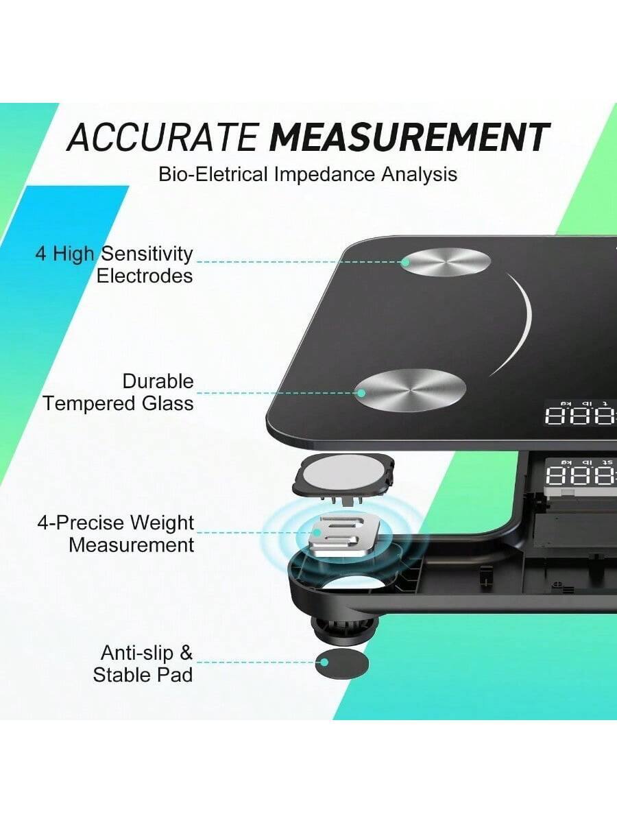 ACCURATE MEASUREMENT  
Bio-Electrical Impedance Analysis  

4 High Sensitivity Electrodes  
Durable Tempered Glass  
4-Precise Weight Measurement  
Anti-slip & Stable Pad