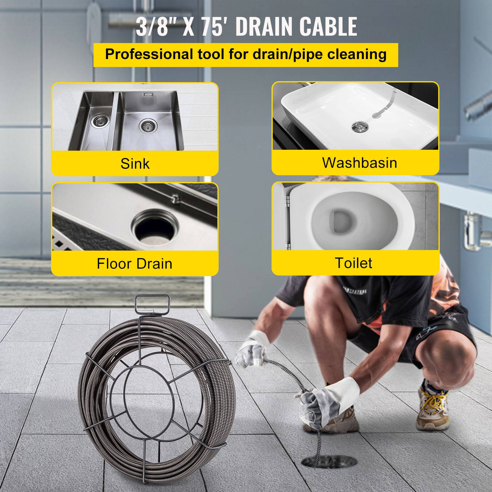 3/8" X 75" DRAIN CABLE  
Professional tool for drain/pipe cleaning  
Sink  
Washbasin  
Floor Drain  
Toilet