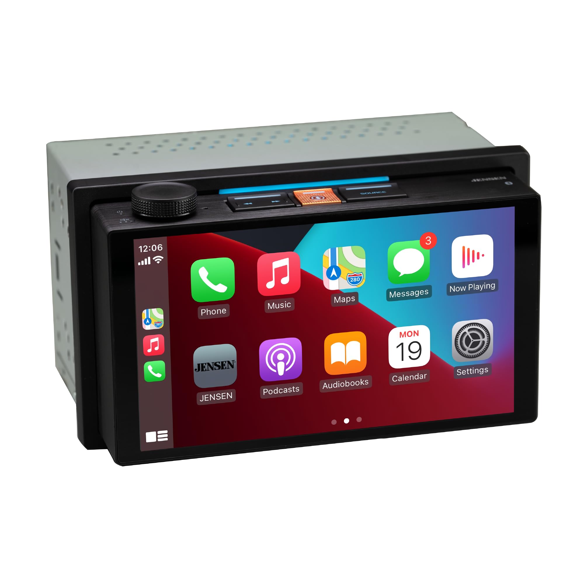 A 12:06 3 Phone JENSEN JENSEN A R0 Messages Maps Music MON 19 Calendar Audiobooks Podcasts Now Playing A Fr a Settings