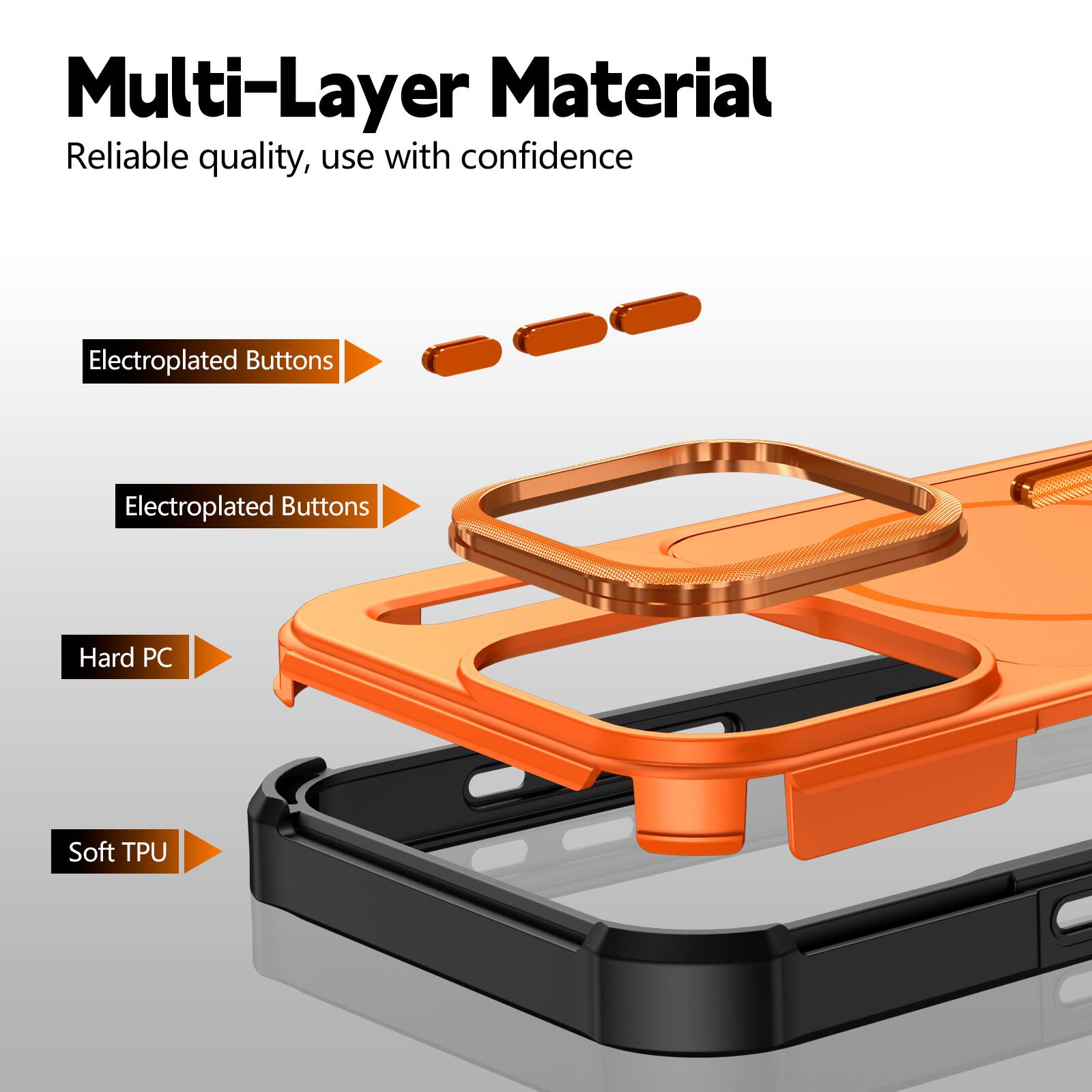 Multi-Layer Material  
Reliable quality, use with confidence  

- Electroplated Buttons  
- Electroplated Buttons  
- Hard PC  
- Soft TPU