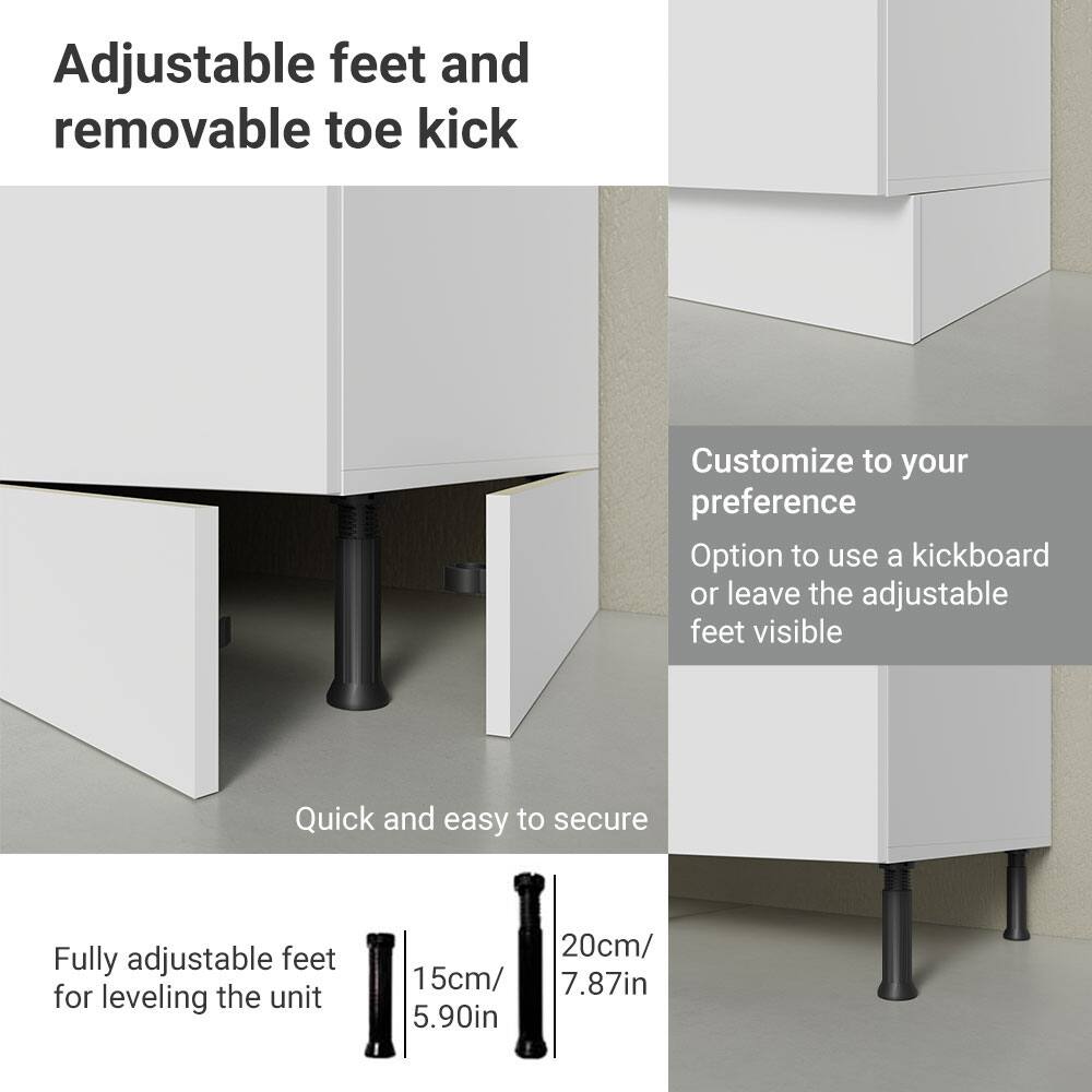Adjustable feet and removable toe kick

Customize to your preference  
Option to use a kickboard or leave the adjustable feet visible

Quick and easy to secure

Fully adjustable feet for leveling the unit  
15cm/ 5.90in  
20cm/ 7.87in