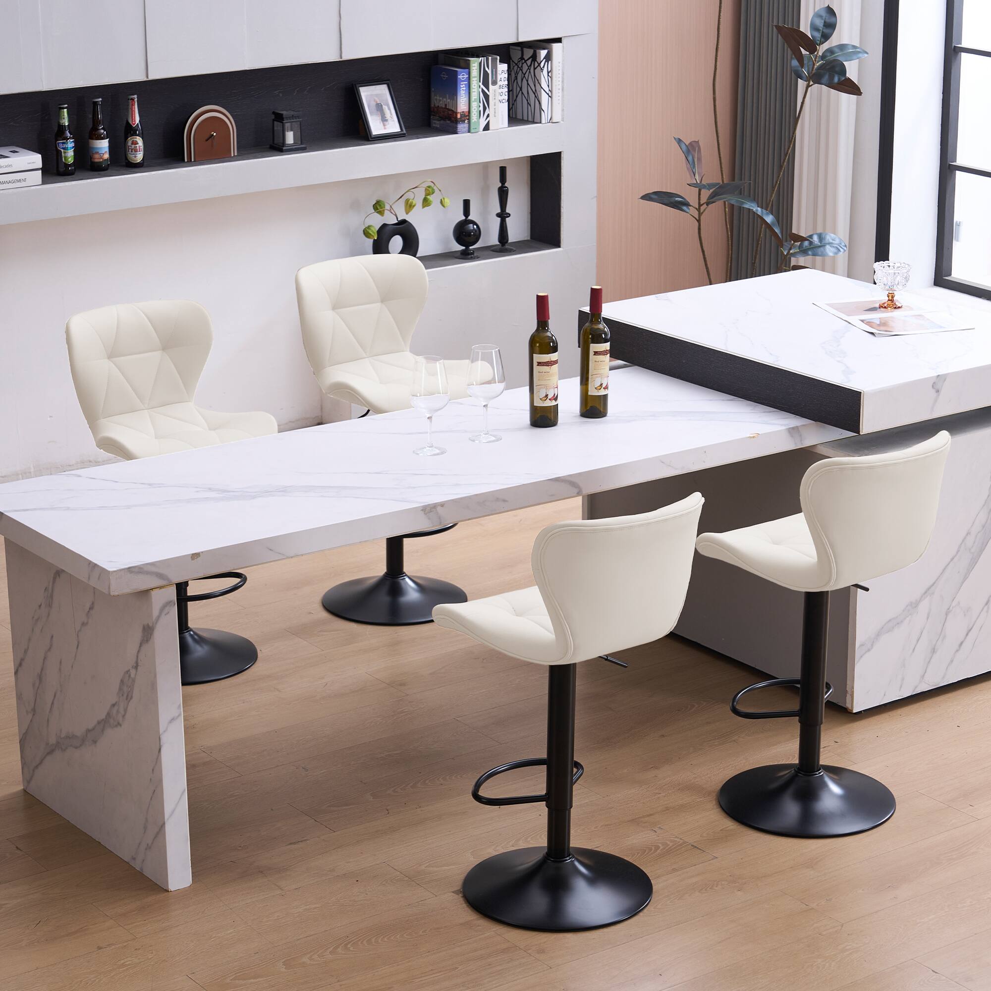 Alt View 1. FERPIT - FERPIT Set of 2 Modern Adjustable Height Bar Stools Padded PU Leather Swivel Stools, Beige - Beige.
