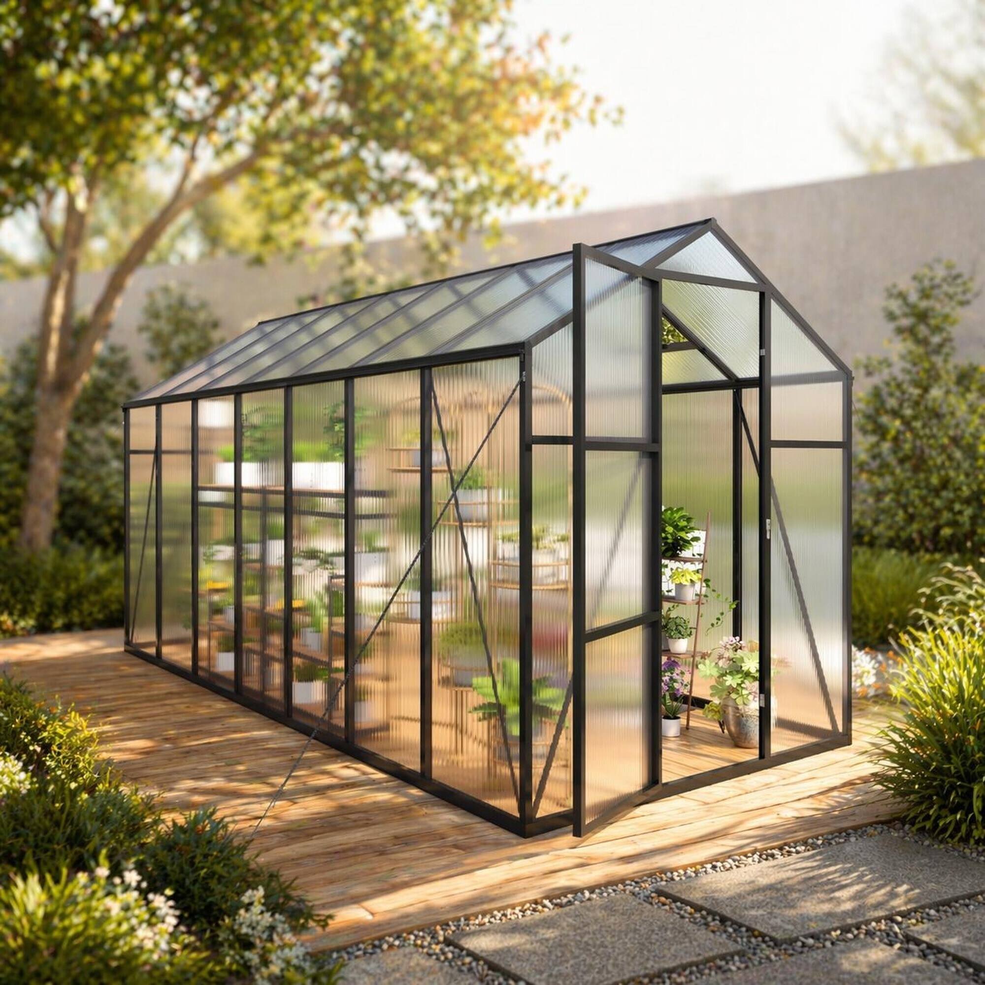 Front. RYHNUYNE - 6x14 ft Walk-in Outdoor Greenhouse, Polycarbonate Panels, Aluminum Frame, Adjustable Vents, Lockable Door.