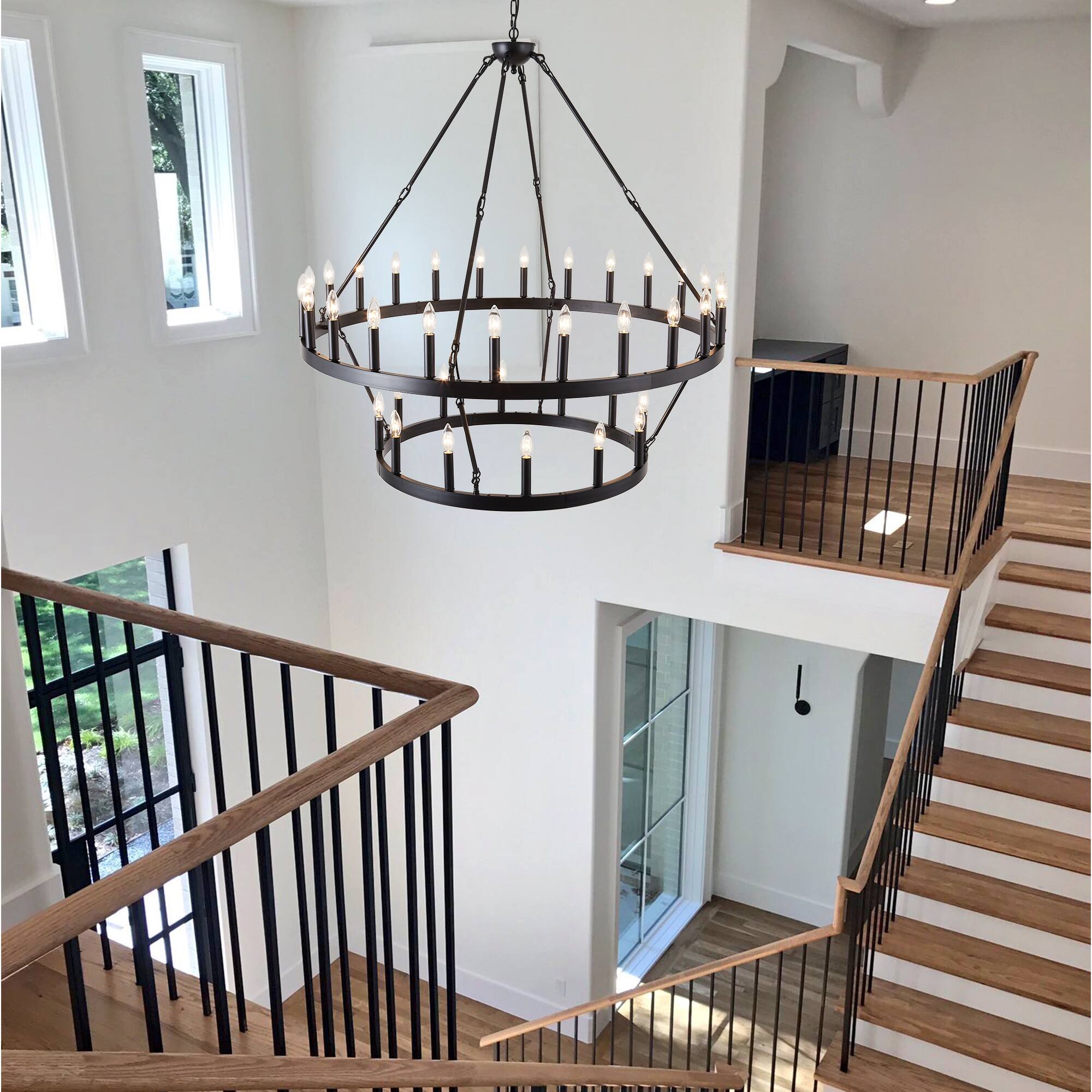 Back. RYHNUYNE - 36 Light Black Wagon Wheel Chandelier 48 Inch 2 Tier Large Round Farmhouse Pendant Light Fixture for Foyer Entryway - Black.