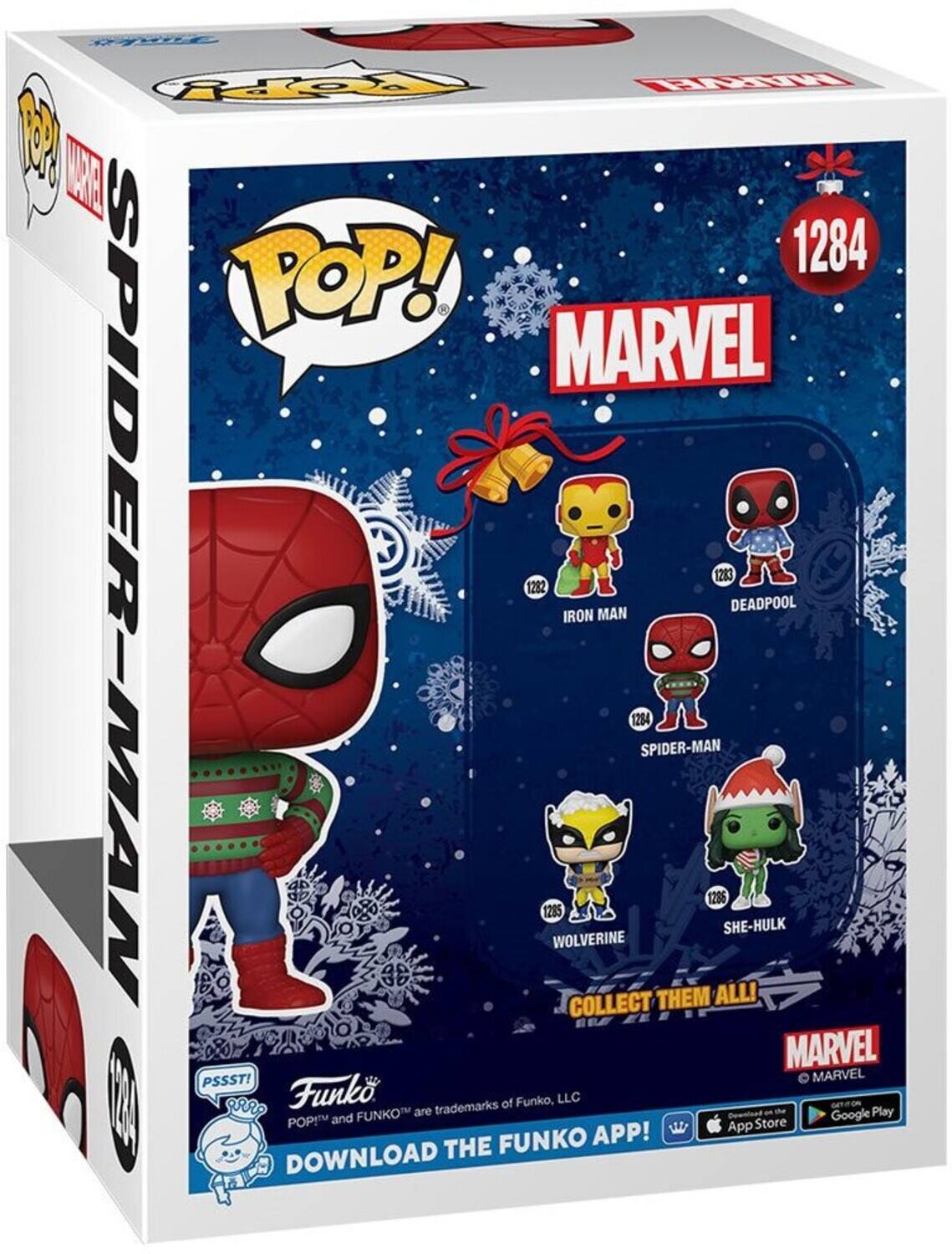Sure, here is the corrected and grouped text from the image:

---

**Front:**

- **POP! MARVEL**
- **SPIDER-MAN**
- **1284**

**Side:**

- **POP! MARVEL**
- **SPIDER-MAN**

**Back:**

- **POP! MARVEL**
- **1284**
- **MARVEL**
- **IRON MAN** (1282)
- **DEADPOOL** (1285)
- **SPIDER-MAN** (1284)
- **WOLVERINE** (1286)
- **SHE-HULK** (1286)
- **COLLECT THEM ALL!**
- **Funko**
- **POP! and FUNKO™ are trademarks of Funko, LLC**
- **DOWNLOAD THE FUNKO APP!**
- **App Store** (Apple logo)
- **Google Play** (Google Play logo)
- **PSSST!**
- **Funko**
- **DOWNLOAD THE FUNKO APP!**

---