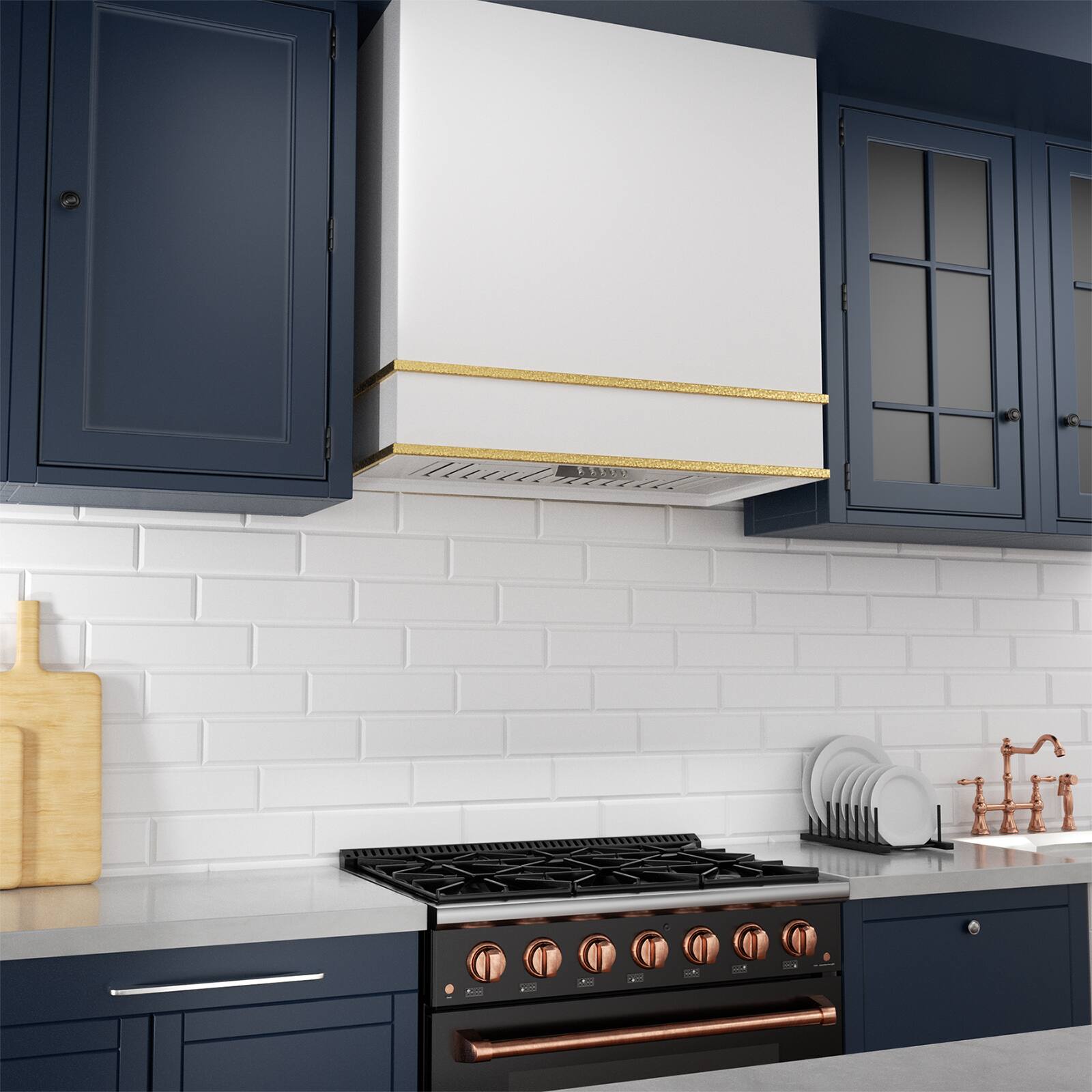 Alt View 5. Akicon - Akicon 30 in. 600 CFM Ducted Wall Mount Range Hood with 3 Speed, LED Lights and Carbon Filter, in White with Gold - White with Gold.