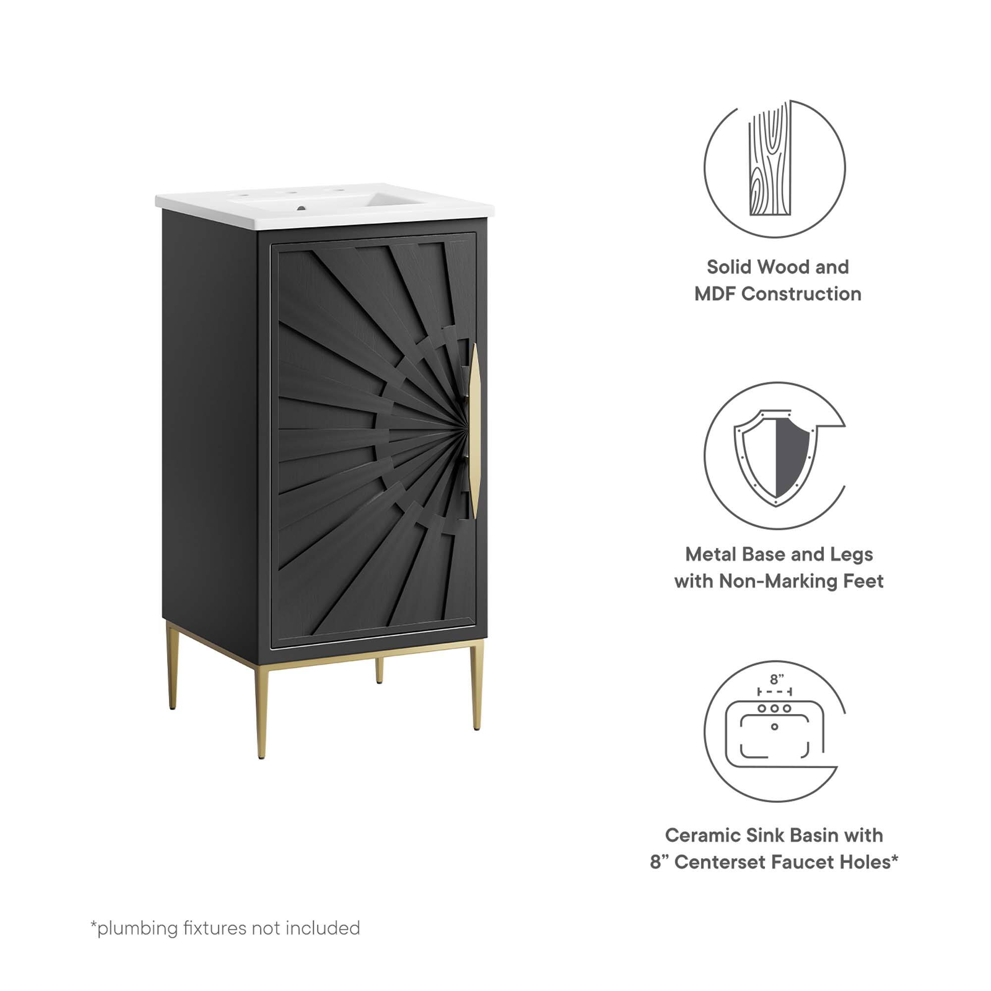 Solid Wood and MDF Construction  
Metal Base and Legs with Non-Marking Feet  
8" Ceramic Sink Basin with 8" Centerset Faucet Holes*  
*plumbing fixtures not included