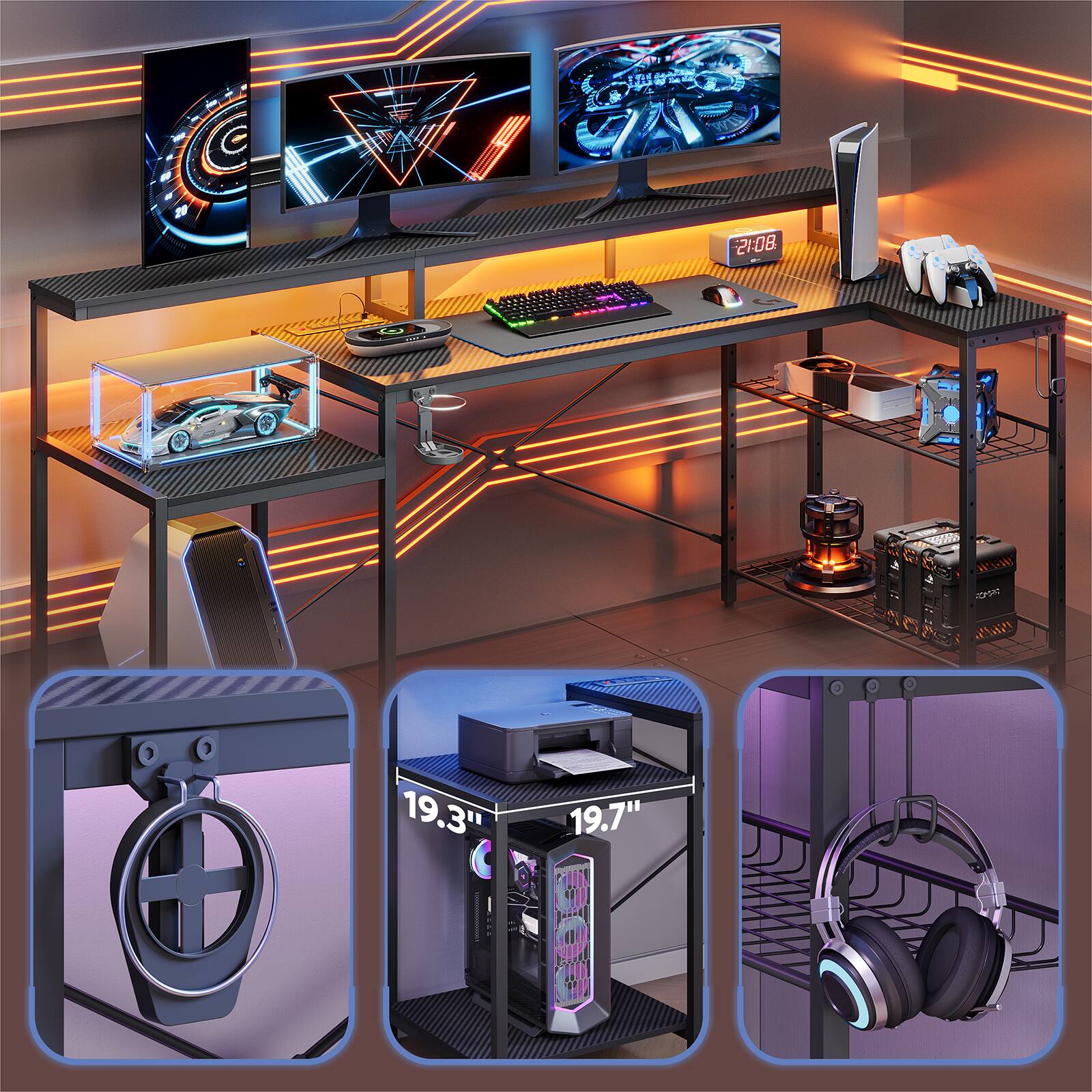 Bestier 71in L shaped Computer desk with power outlet LED Gaming Desk