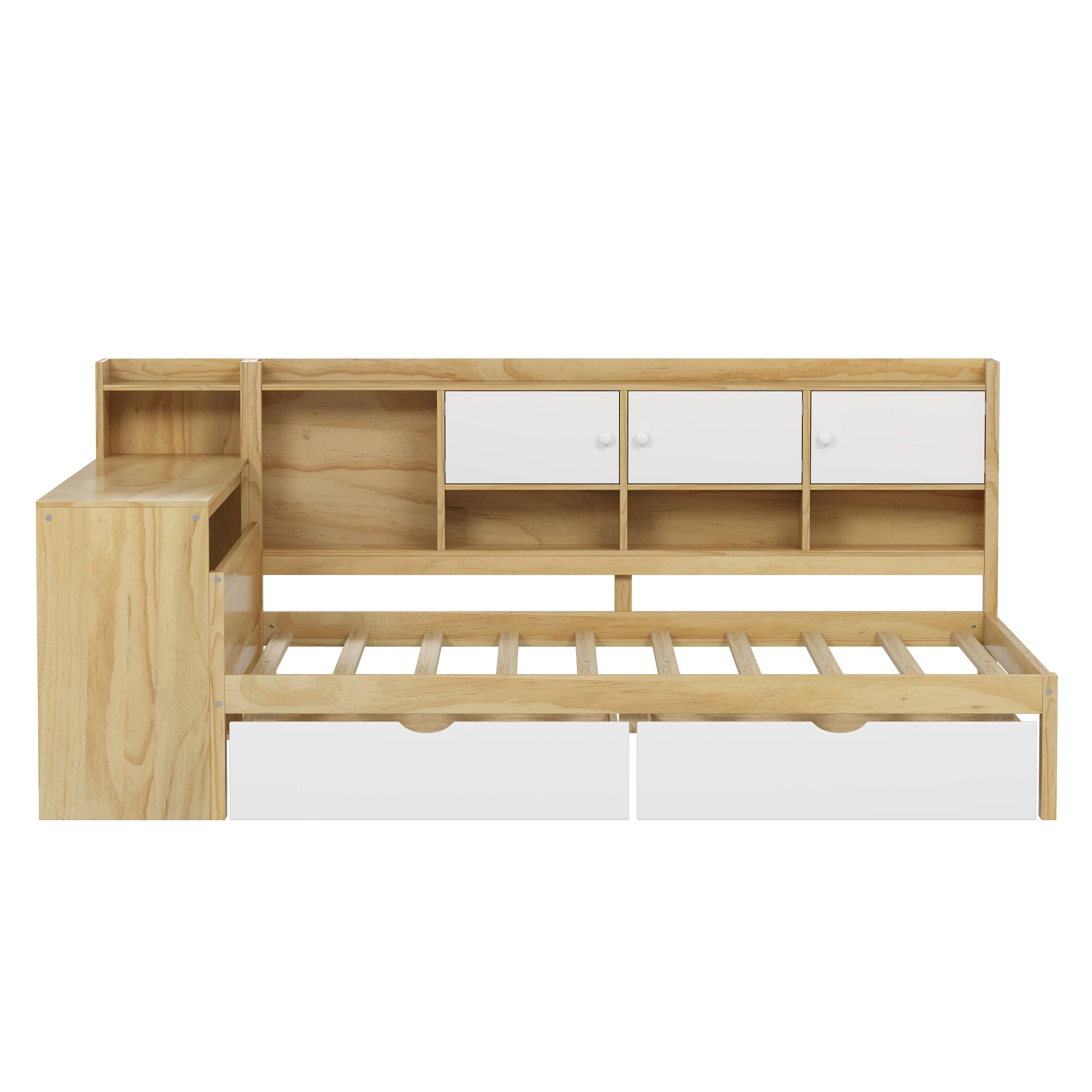 Left. Tiramisubest - Wooden L-Shape Daybed with Storage Cabinets and Drawers, Multi-functional Bed with Study Desk and Built-in Bookshelf - Natural+White.