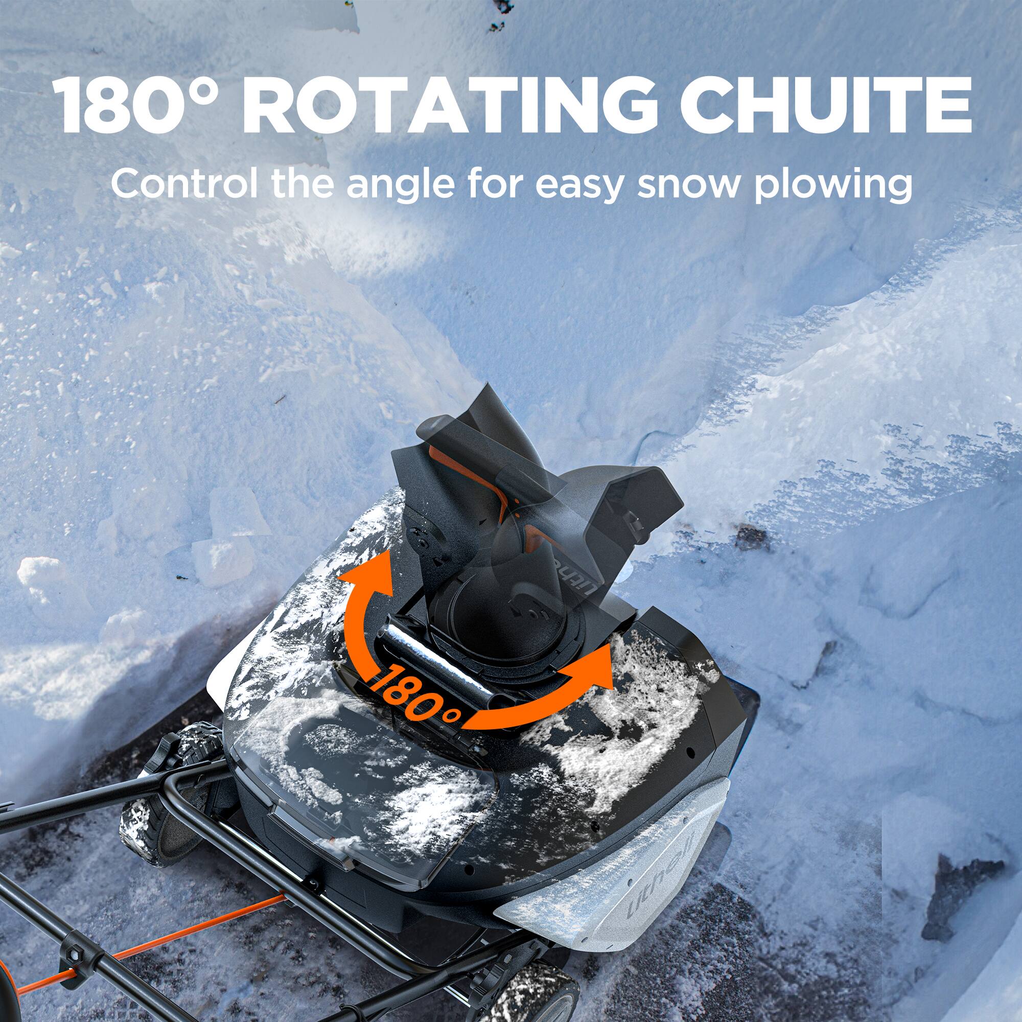 180° ROTATING CHUITE Control the angle for easy snow plowing. A 180°