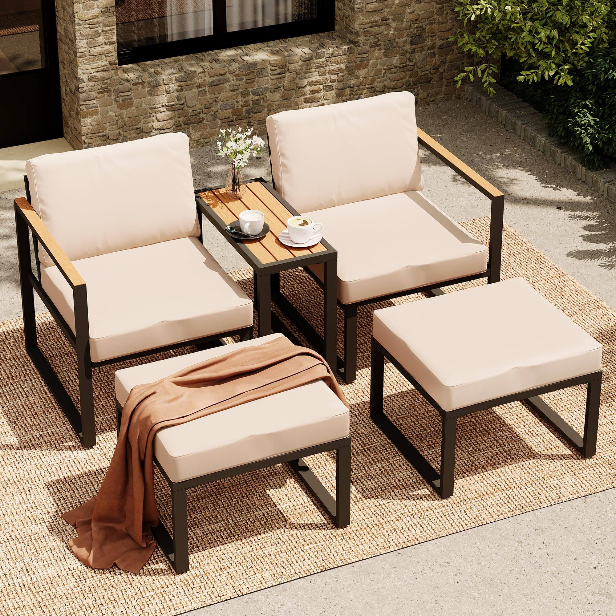 Angle. Yardgrace - Yardgrace 5 Pieces Outdoor Conversation Set, Metal Patio Chairs with Thick Cushions 2 Ottomans&Side Table - Beige.