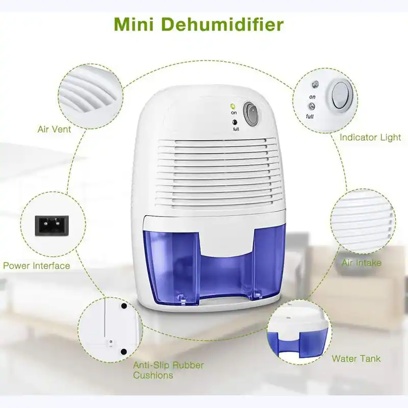 Mini Dehumidifier

- Air Vent
- Indicator Light
- Power Interface
- Anti-Slip Rubber Cushions
- Water Tank
- Air Intake