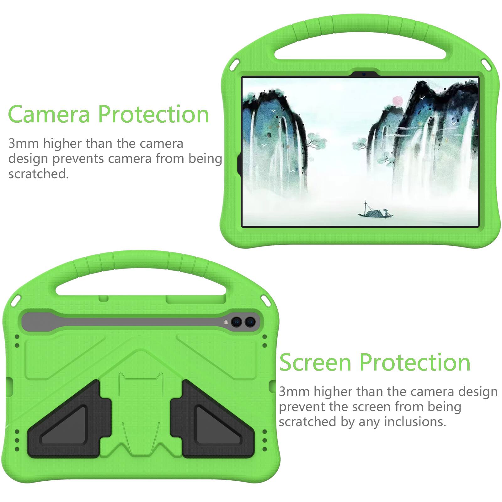 Camera Protection  
3mm higher than the camera design prevents camera from being scratched.  

Screen Protection  
3mm higher than the camera design prevent the screen from being scratched by any inclusions.