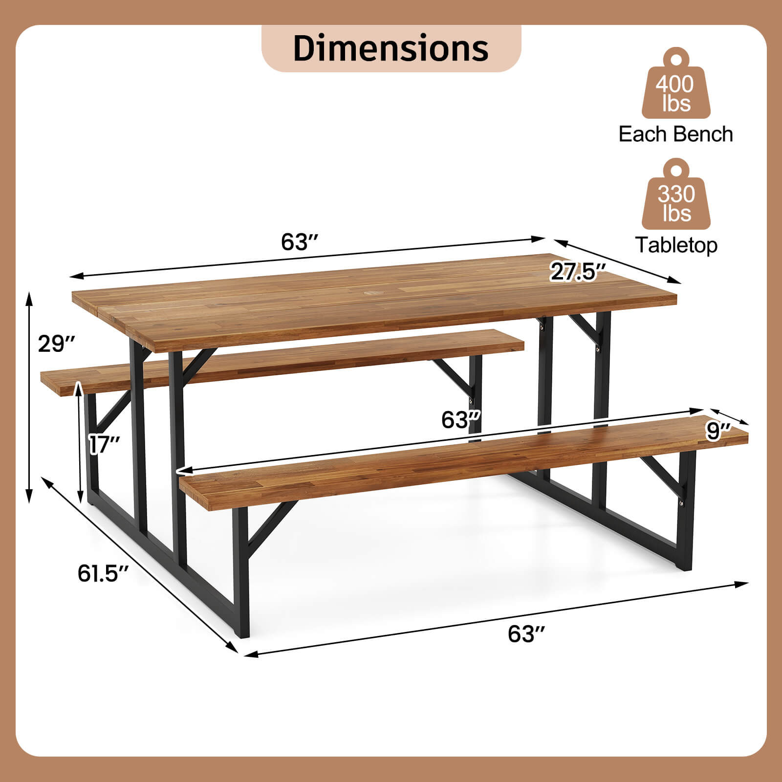 Dimensions: 63", 27.5", 29", 17", 63", 9", 61.5"
Weight: 400 lbs Each Bench, 330 lbs Tabletop