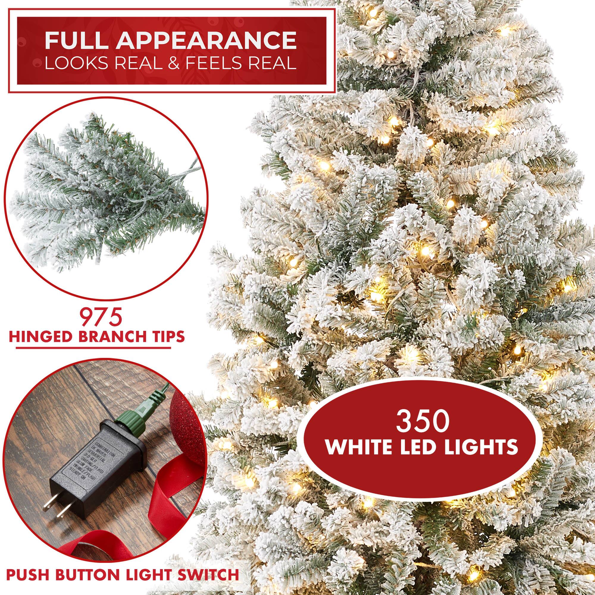 FULL APPEARANCE  
LOOKS REAL & FEELS REAL  

975 HINGED BRANCH TIPS  

350 WHITE LED LIGHTS  

PUSH BUTTON LIGHT SWITCH