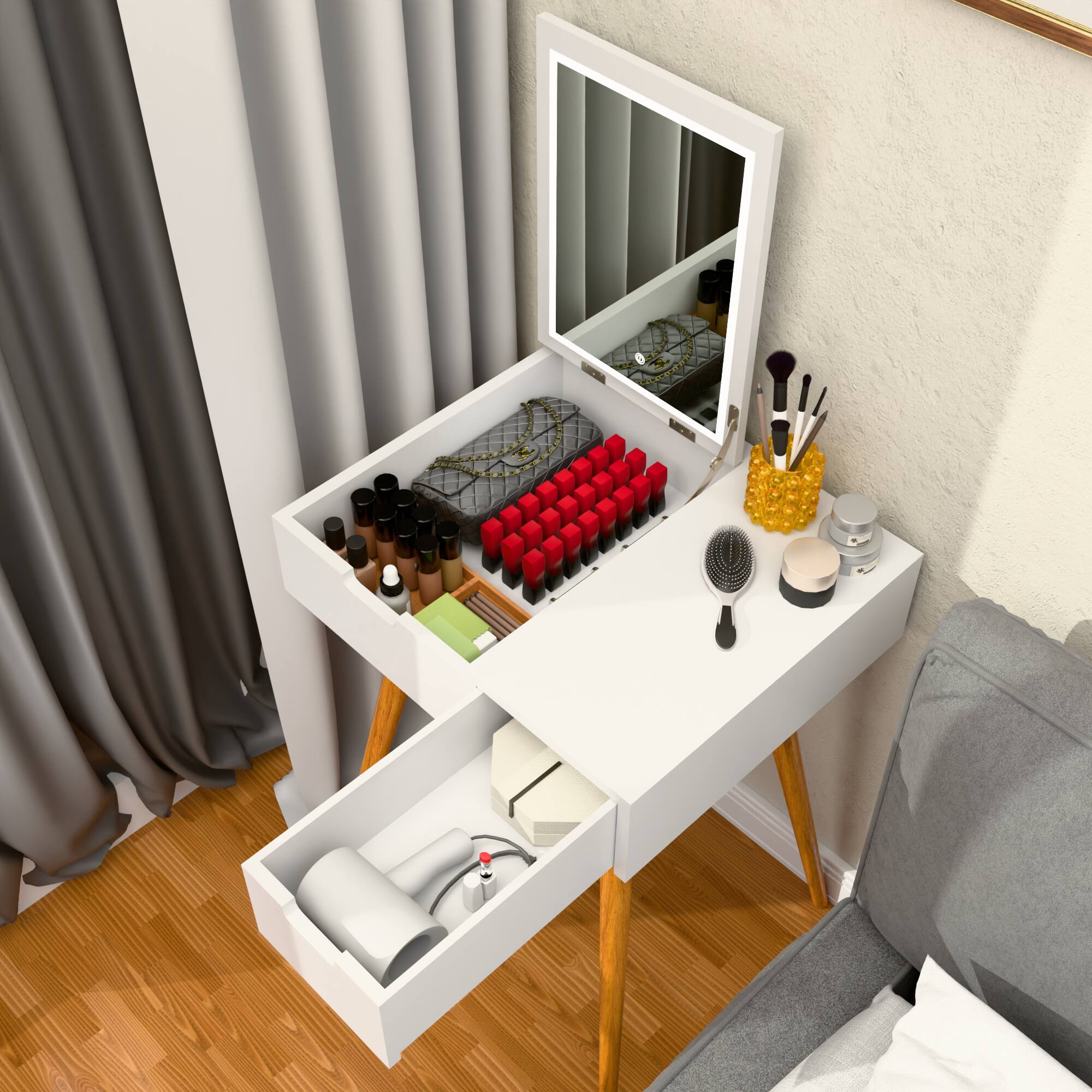 Left. APRILSOUL - Small Makeup Vanity Table Dresser Desk with 2 Drawers  Flip Top Mirror Organizer Makeup Dressing Table - White.