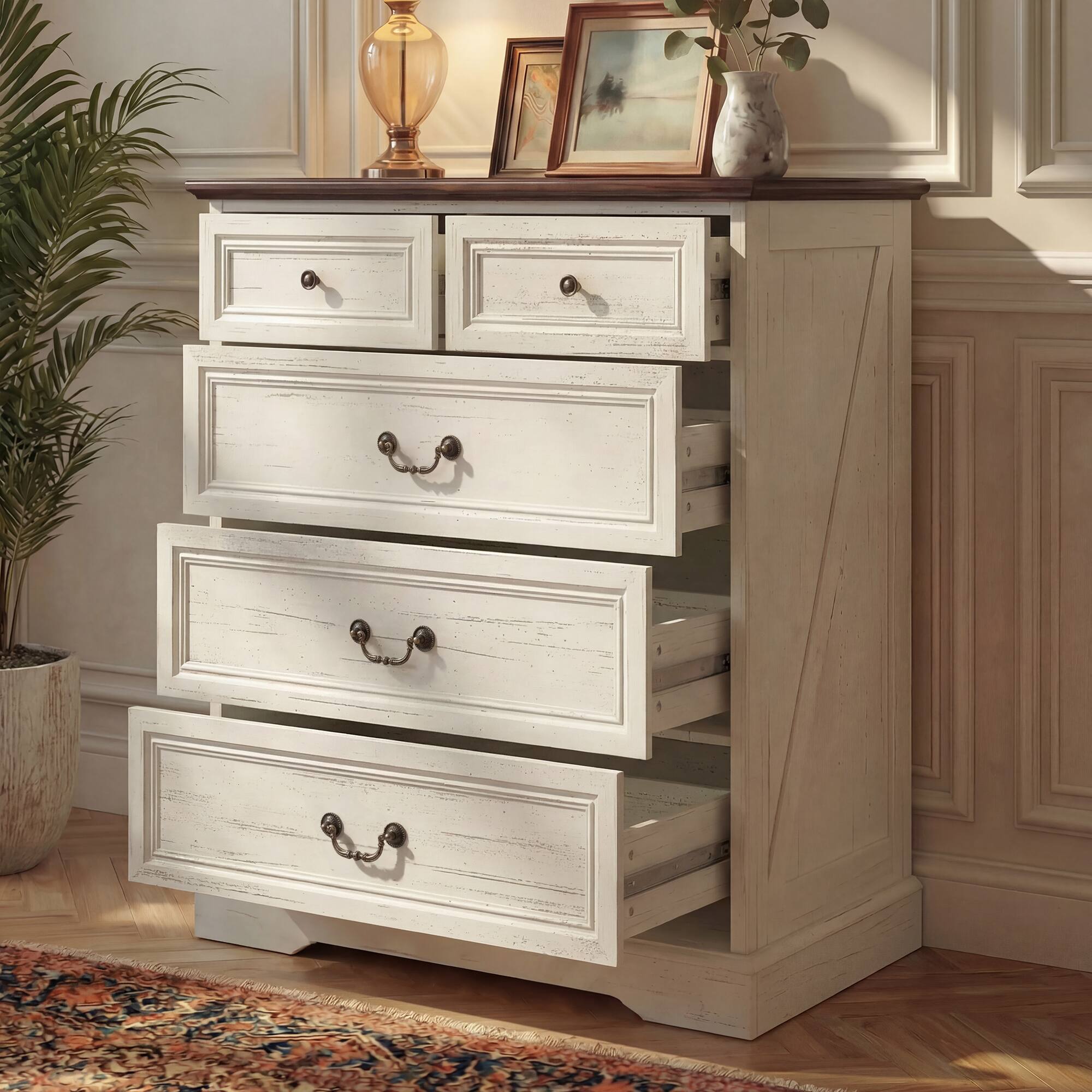 Left. FUFU & GAGA - Vintage 5-Drawer Dresser Chest - Distressed Finish Bedroom Storage Organizer with Bronze Hardware for Clothes, Linens - Distressed white.