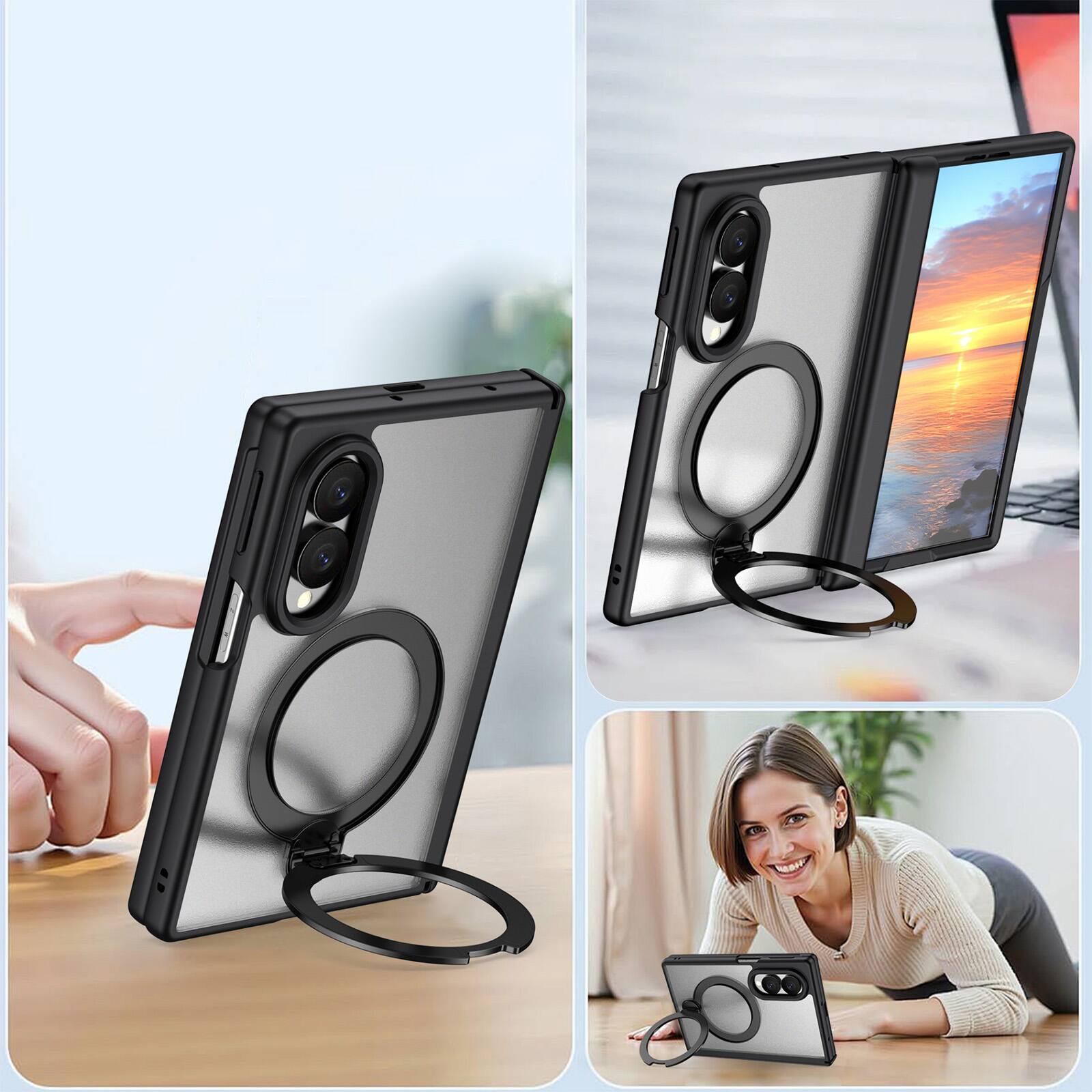 Alt View 2. Dteck - For Samsung Galaxy Z Fold8 Magnetic Case Built-in Screen Protector,Shockproof Ring Stand Clear Back Hinge Protect Cover - Black.