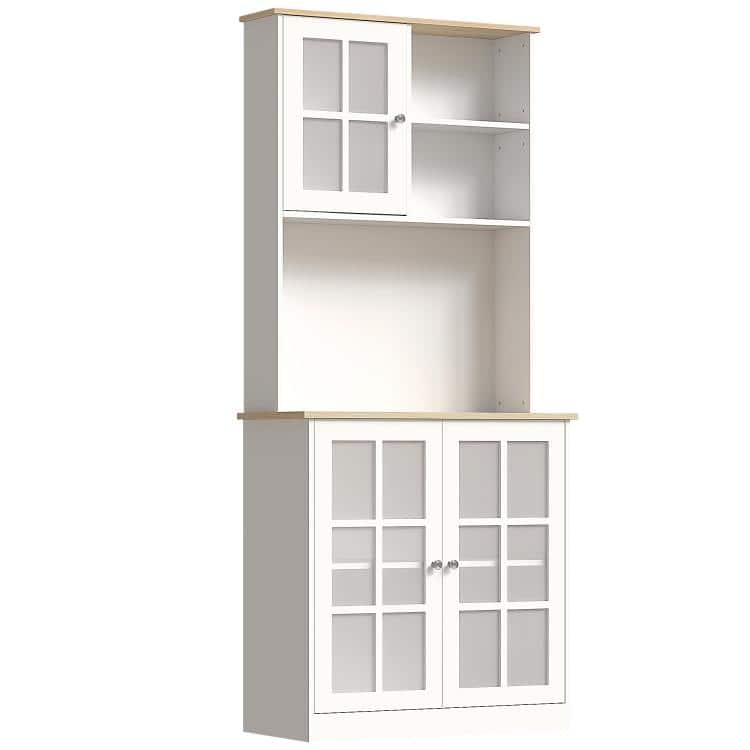 PULUZ - Kitchen Pantry Storage Cabinet, 72 inch Freestanding Cabinet with Hutch, Large Countertop, Glass Doors - White
