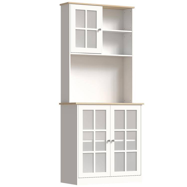 Front. PULUZ - Kitchen Pantry Storage Cabinet, 72 inch Freestanding Cabinet with Hutch, Large Countertop, Glass Doors - White.