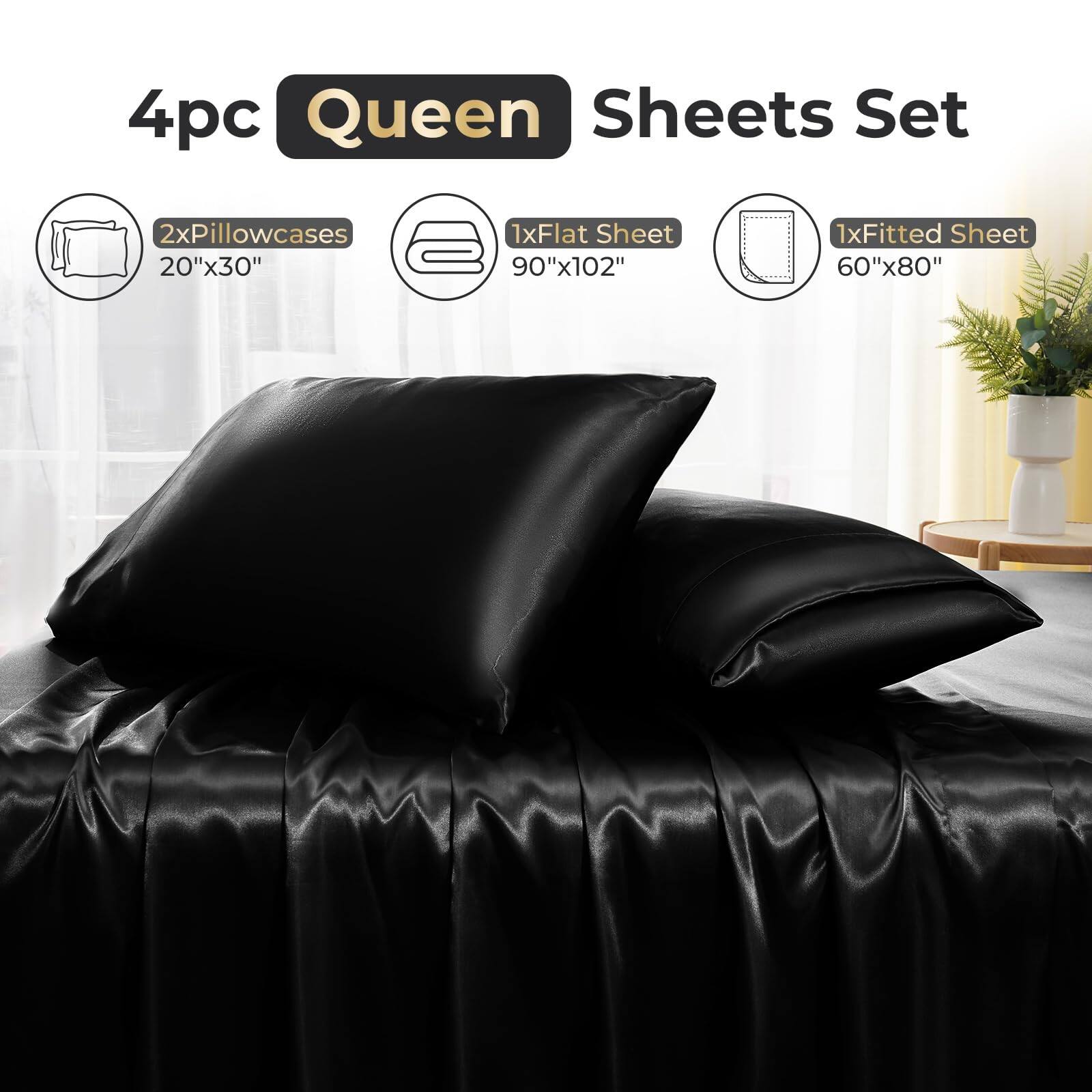 4pc Queen Sheets Set  
- 2x Pillowcases 20"x30"  
- 1x Flat Sheet 90"x102"  
- 1x Fitted Sheet 60"x80"