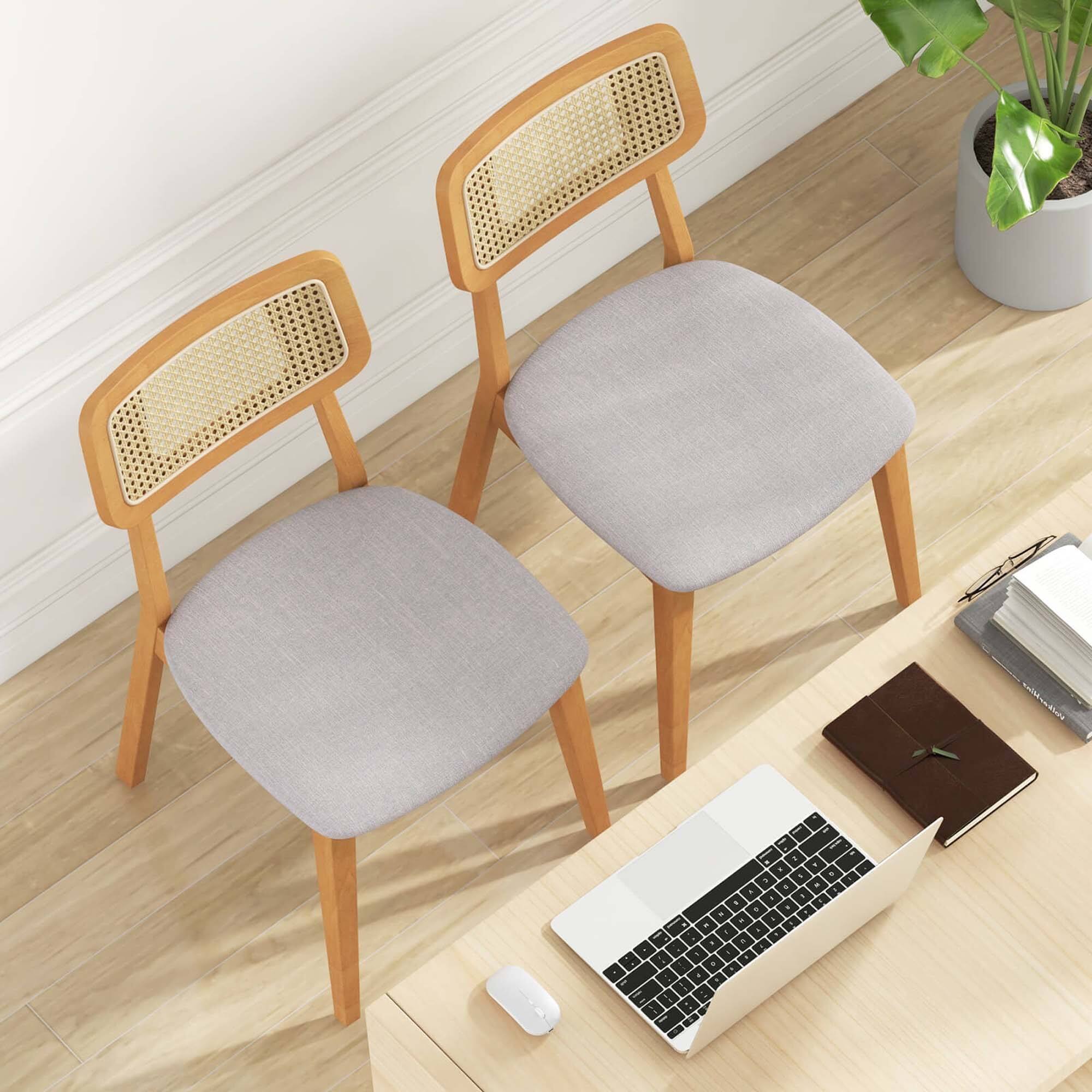 Angle. Costway - Wooden Rattan Dining Chair Set of 2 with Can Back Rubber Wood Frame Padded Seat - Natural, Gray.