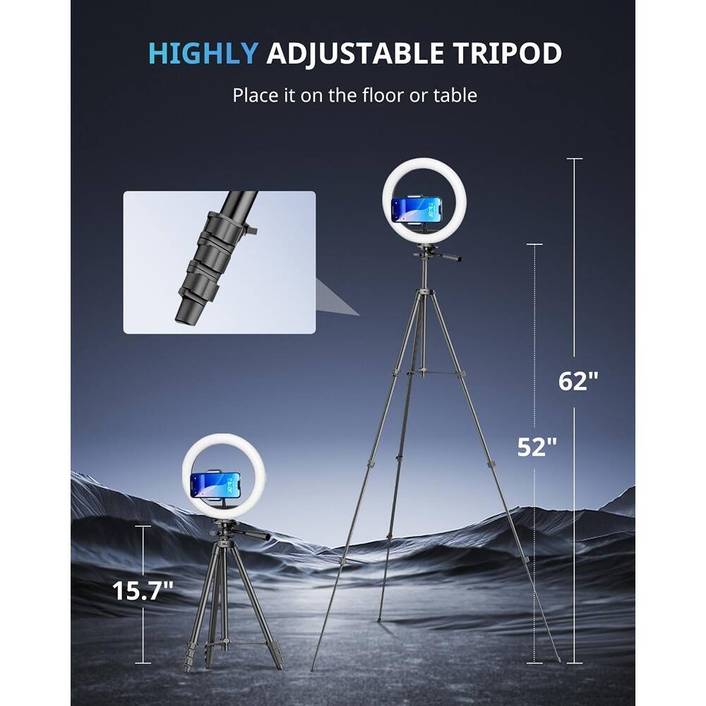 HIGHLY ADJUSTABLE TRIPOD  
Place it on the floor or table  

62"  
52"  
15.7"