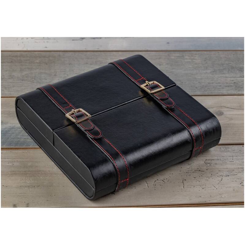 Alt View 2. Prestige - Azure Travel Cigar Humidor - Black Leather with Rich Red Stitching.