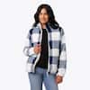 Front. Mobile Warming - Women's Upland Sherpa Printed Heated Long Jacket - Blue Plaid.