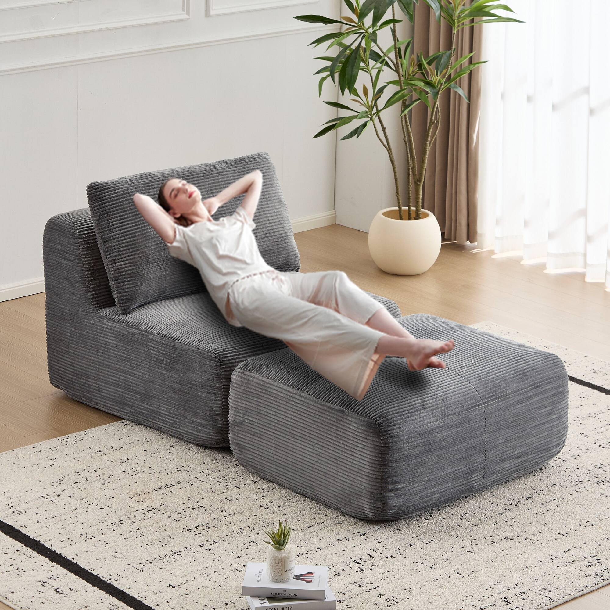 Angle. Boyel Living - Memory Foam Corduroy Chaise Lounge with Movable Ottoman - Grey.
