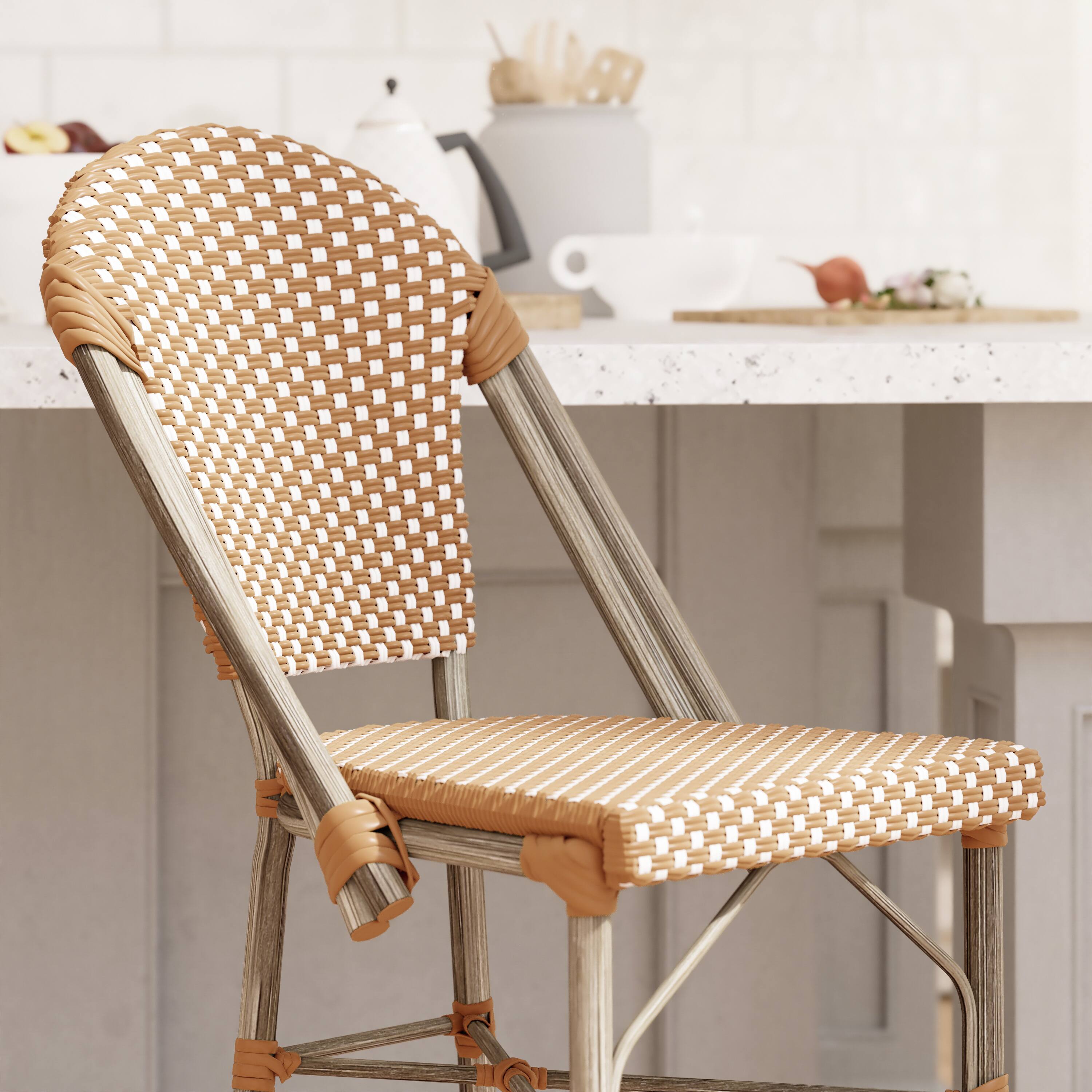Alt View 4. Emma + Oliver - Colmar Set of Two Indoor/Outdoor 30" High Stacking Bistro Counter Stools with Patterned Seat and Back and Metal Frames - Natural & White/Light Natural Frame.
