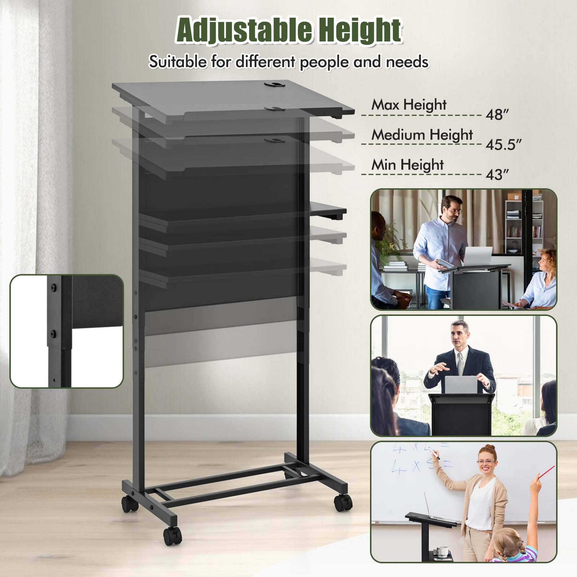 Adjustable Height  
Suitable for different people and needs  

Max Height 48"  
Medium Height 45.5"  
Min Height 43"