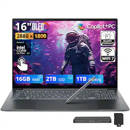 Acer - Upgraded - Swift Go 16 AI 16" 3K Touch Laptop,Intel Ultra X7 358H,16GB RAM,2TB SSD+1TB Dock,Backlit,Stylus Pen,Win 11 - Gray
