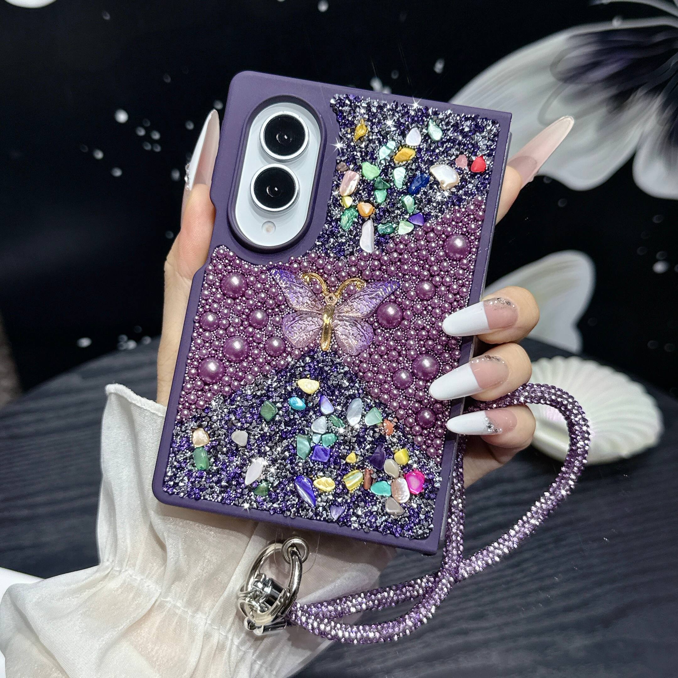 Angle. Dteck - Diamond Case for Samsung Galaxy Z Fold 8, Sparkle Glitter Rhinestone Butterfly Phone Cover with Strap - Purple.