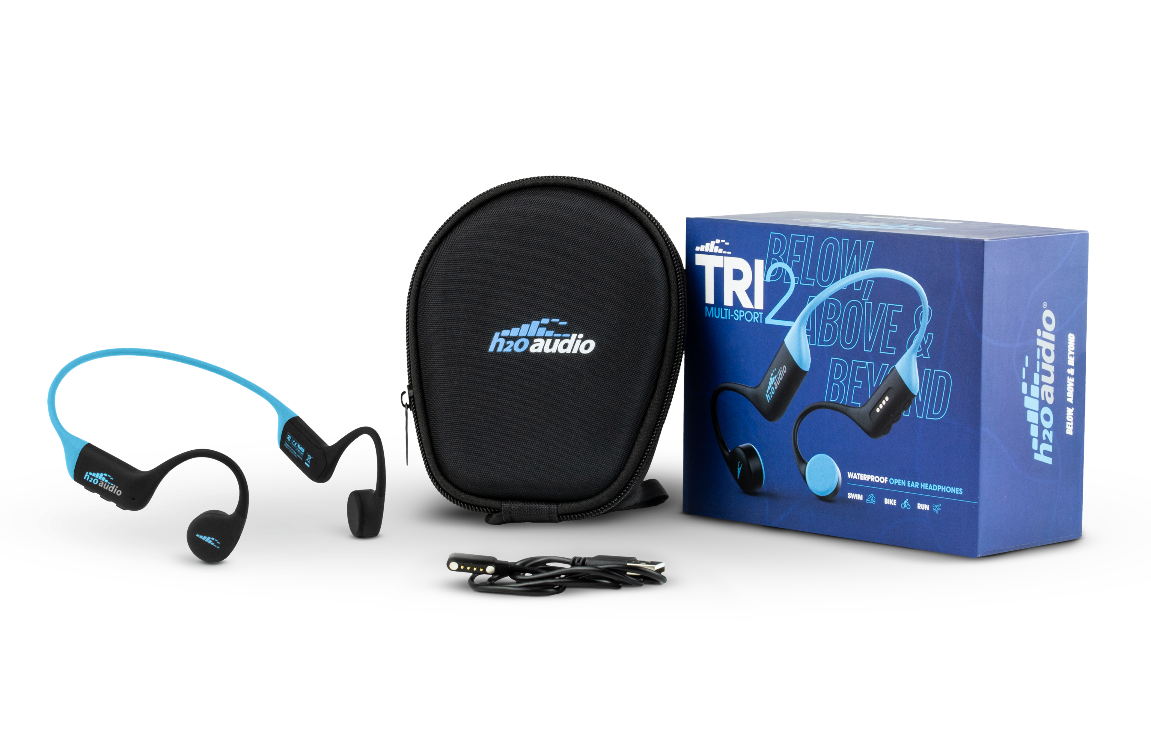 The image features a pair of blue and black headphones, along with a pouch and a box. The headphones are waterproof and designed for use during various sports activities, such as swimming, biking, and running. The pouch and box are likely meant to protect and store the headphones when not in use. The headphones are made by h2o Audio, a company that specializes in waterproof audio equipment.